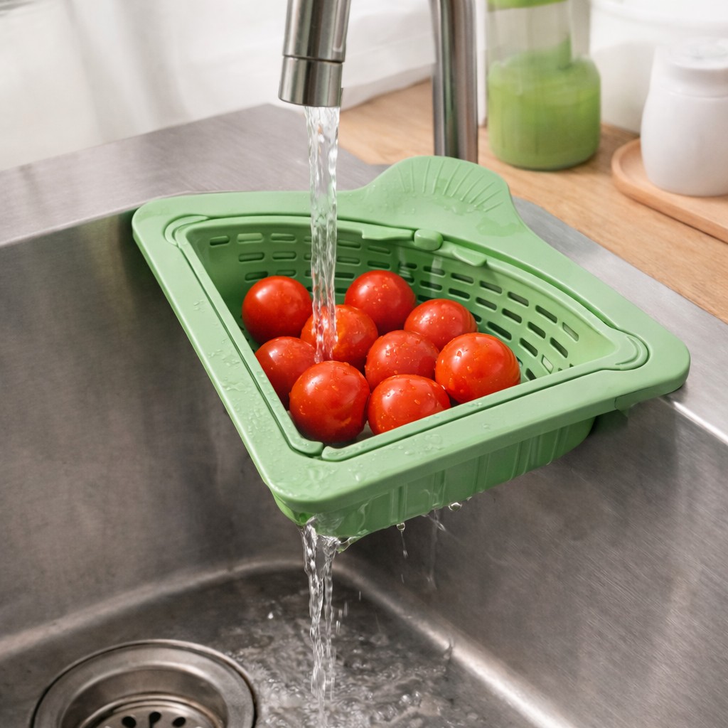 Cos Scurgere Chiuveta, Flippy, Strecuratoare Triunghiulara pentru Bucatarie, Suport Depozitare, Cos Perforat, Clatire cu Jet de Apa, 23 x 9.5x 6 cm, Verde