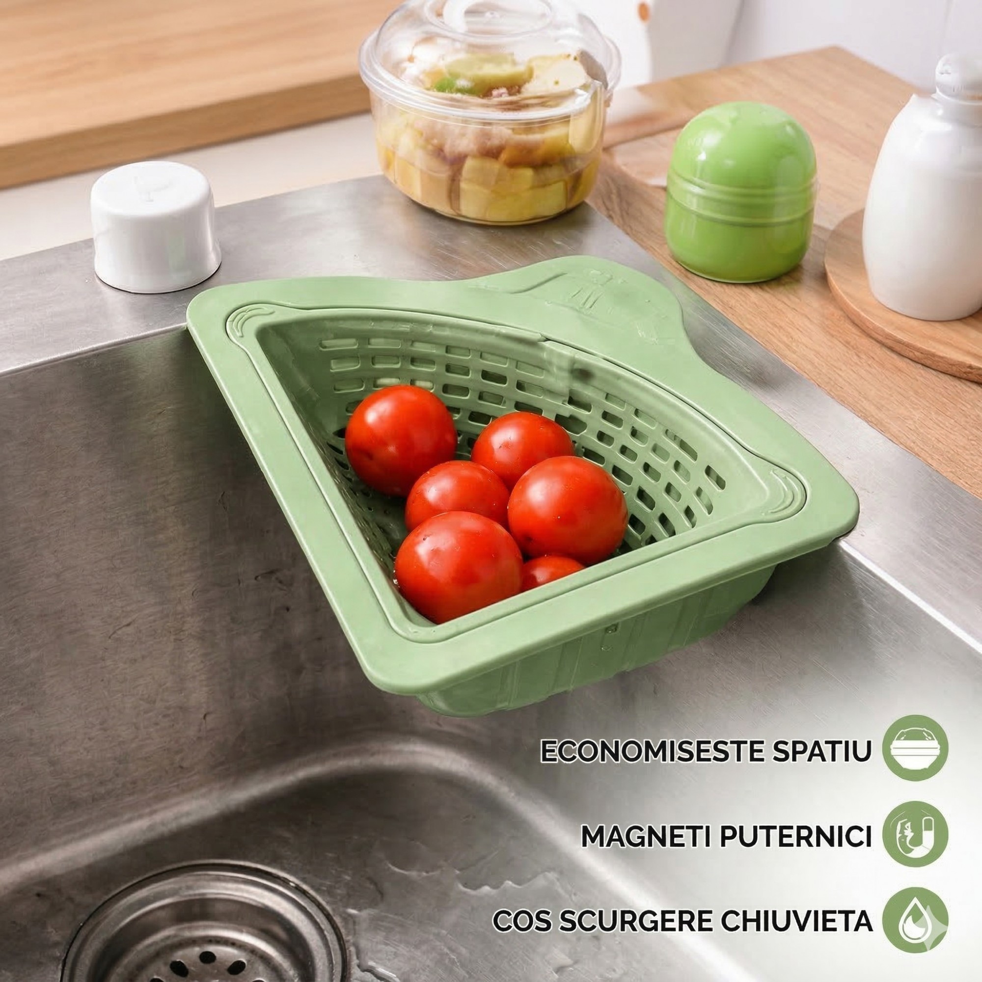 Cos Scurgere Chiuveta, Flippy, Strecuratoare Triunghiulara pentru Bucatarie, Suport Depozitare, Cos Perforat, Clatire cu Jet de Apa, 23 x 9.5x 6 cm, Verde