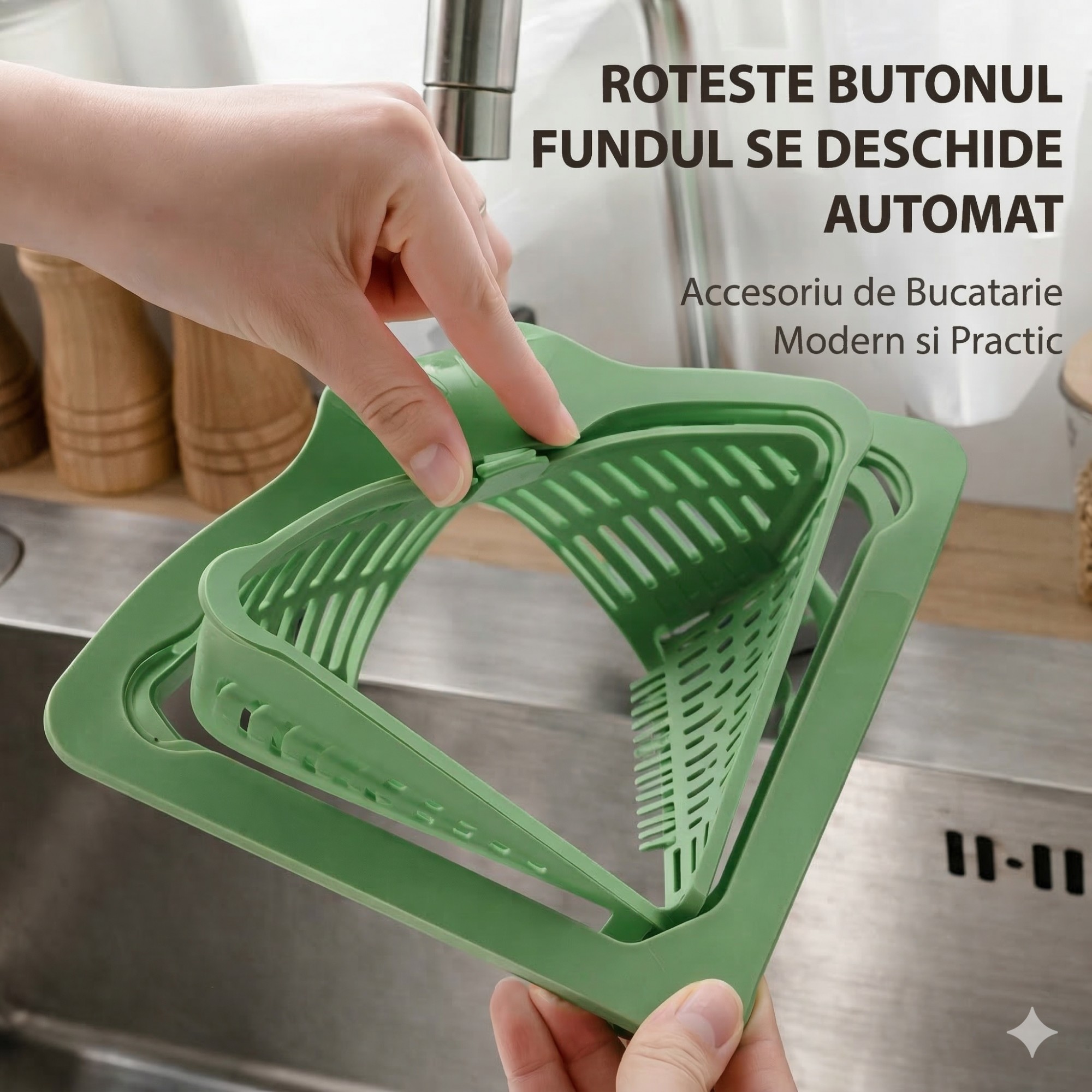 Cos Scurgere Chiuveta, Flippy, Strecuratoare Triunghiulara pentru Bucatarie, Suport Depozitare, Cos Perforat, Clatire cu Jet de Apa, 23 x 9.5x 6 cm, Verde