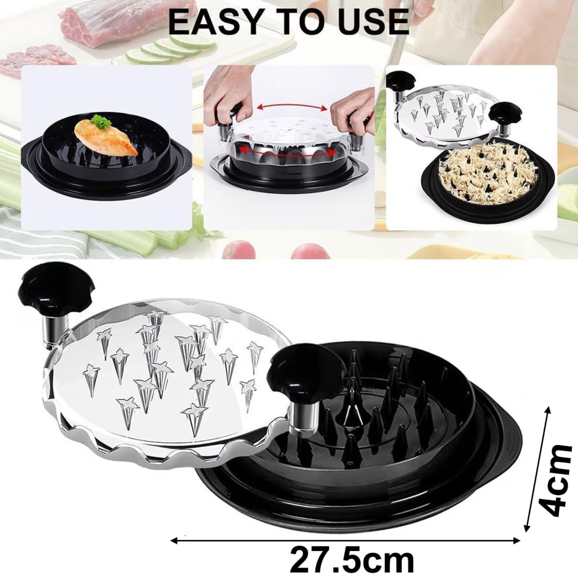 Tocator Manual pentru Carne, Flippy, cu Capac Transparent, Tocator de Pui Antiderapant, Manere Ergonomice, 25 x 25 x 5.5 cm, Negru