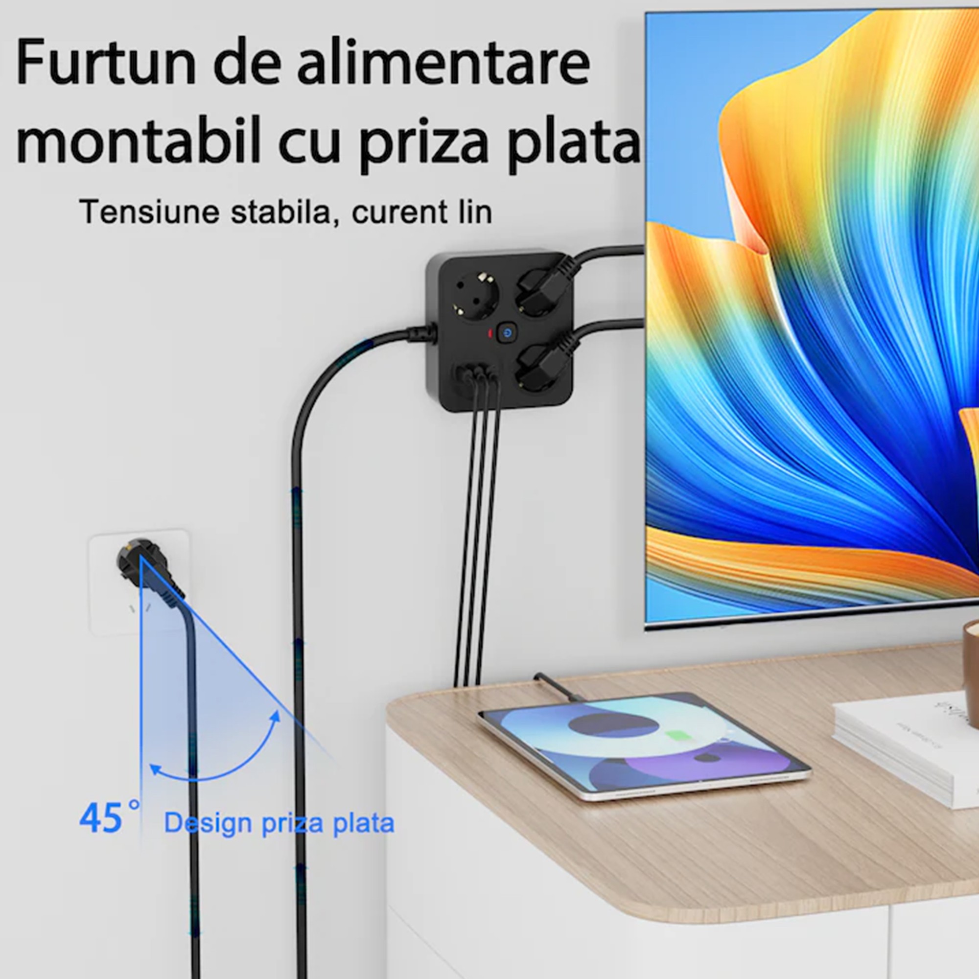 Prelungitor Multifunctional pentru Birou, Flippy, 3 Prize, 2 USB-A, 2 TYPE-C, Suport pentru Telefon, 3250W, Lungime Cablu 2 m, 11.4 x 12.4 cm, Negru