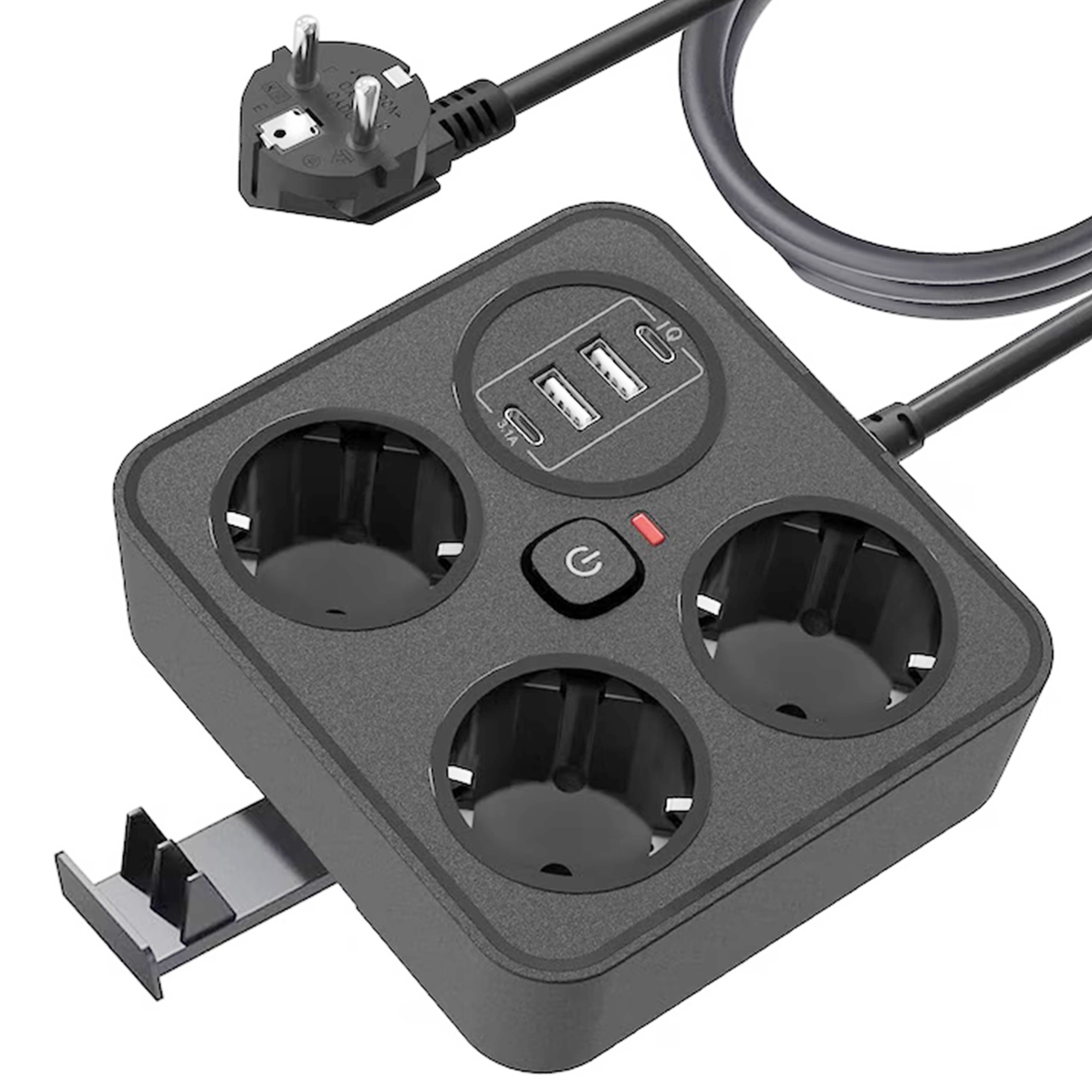 Prelungitor Multifunctional pentru Birou, Flippy, 3 Prize, 2 USB-A, 2 TYPE-C, Suport pentru Telefon, 3250W, Lungime Cablu 2 m, 11.4 x 12.4 cm, Negru