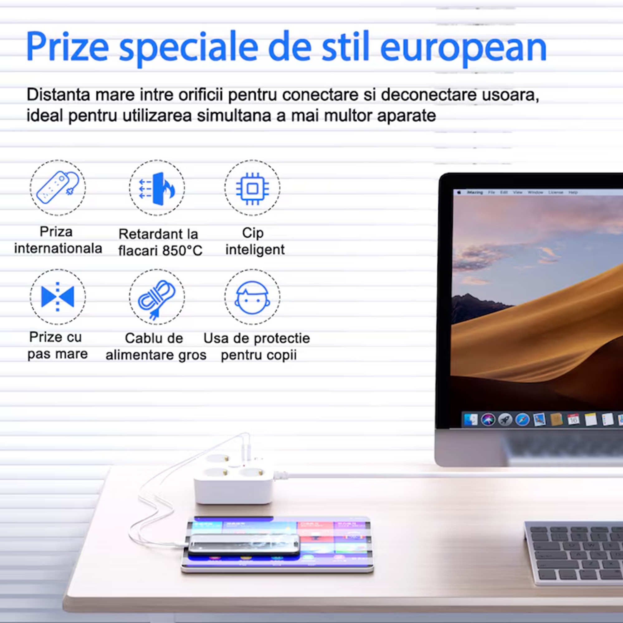 Prelungitor Multifunctional pentru Birou, Flippy, 3 Prize, 2 USB-A, 2 TYPE-C, Suport pentru Telefon, 3250W, Lungime Cablu 2 m, 11.4 x 12.4 cm, Alb