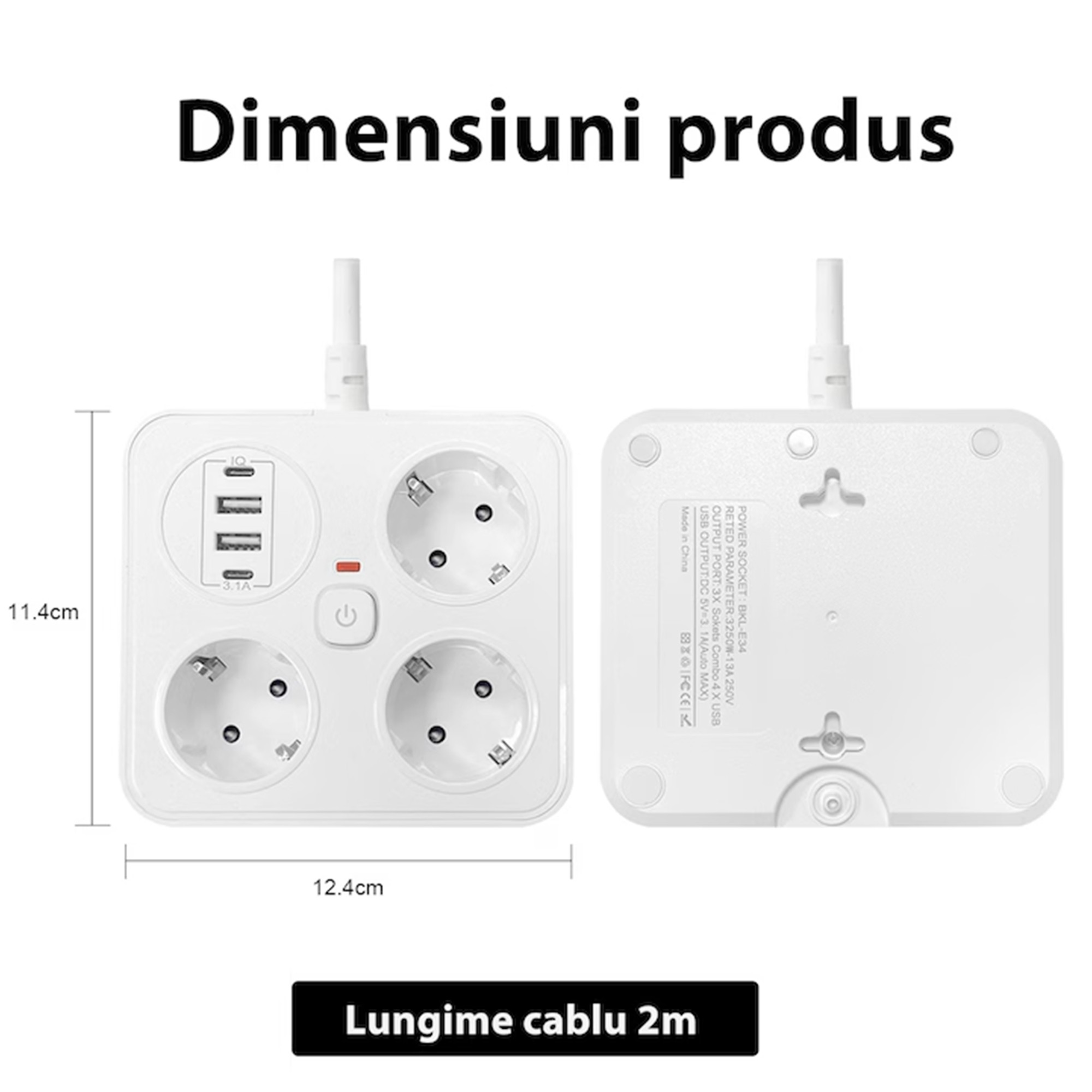 Prelungitor Multifunctional pentru Birou, Flippy, 3 Prize, 2 USB-A, 2 TYPE-C, Suport pentru Telefon, 3250W, Lungime Cablu 2 m, 11.4 x 12.4 cm, Alb