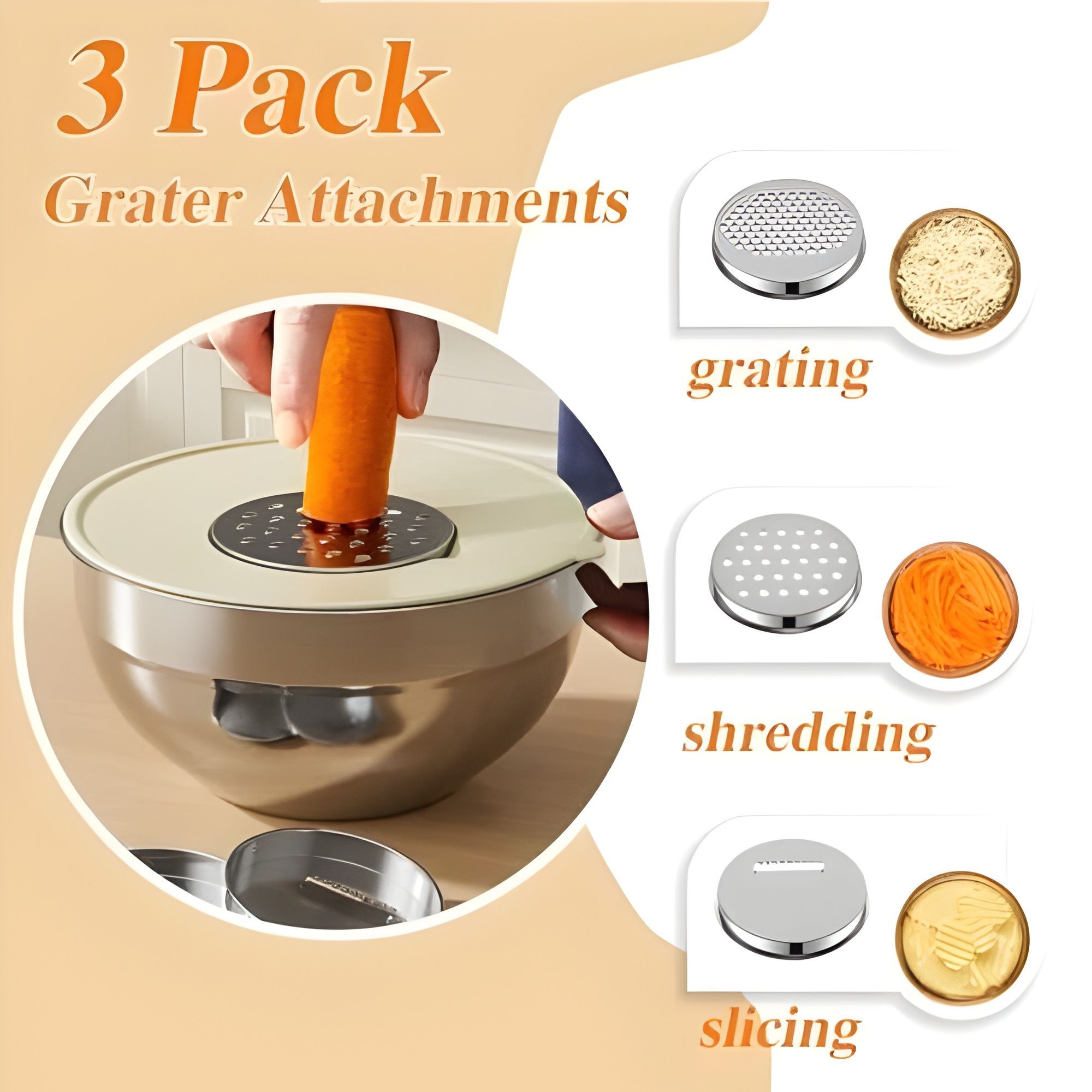 Set 6 Boluri pentru Mixare si Depozitare, Flippy, Inox Premium, Capace Ermetice, 3 Accesorii Razuire si Feliere, Interior Gradat, Design Nestable, Argintiu