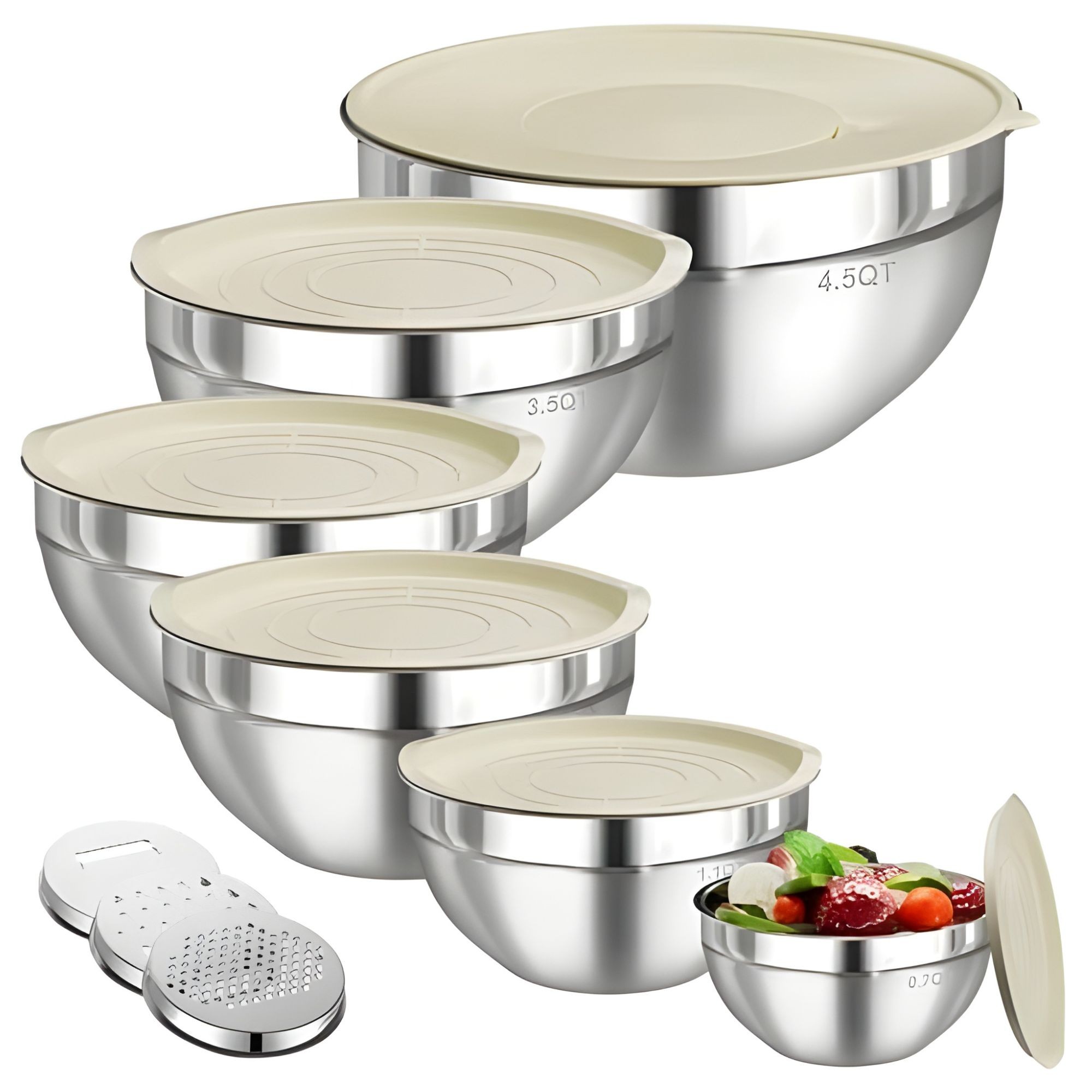 Set 6 Boluri pentru Mixare si Depozitare, Flippy, Inox Premium, Capace Ermetice, 3 Accesorii Razuire si Feliere, Interior Gradat, Design Nestable, Argintiu