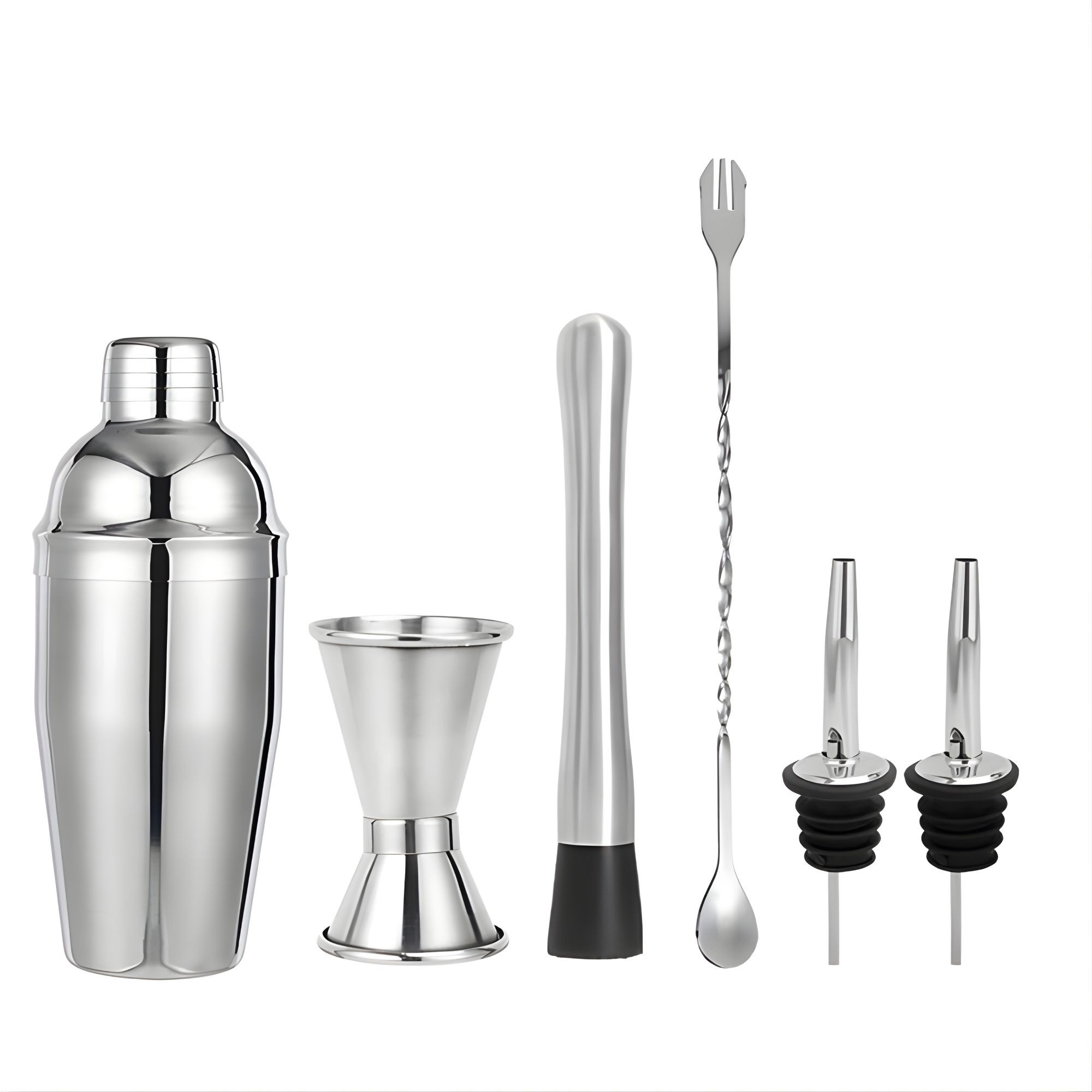Set Barman Preparare Cocktail,Flippy, 6 Piese, Inox, Argintiu, Kit Accesorii Bar si Mixologie: Shaker750ml, Masura dubla, Pistil, Lingura barman, 2 Picuratoare