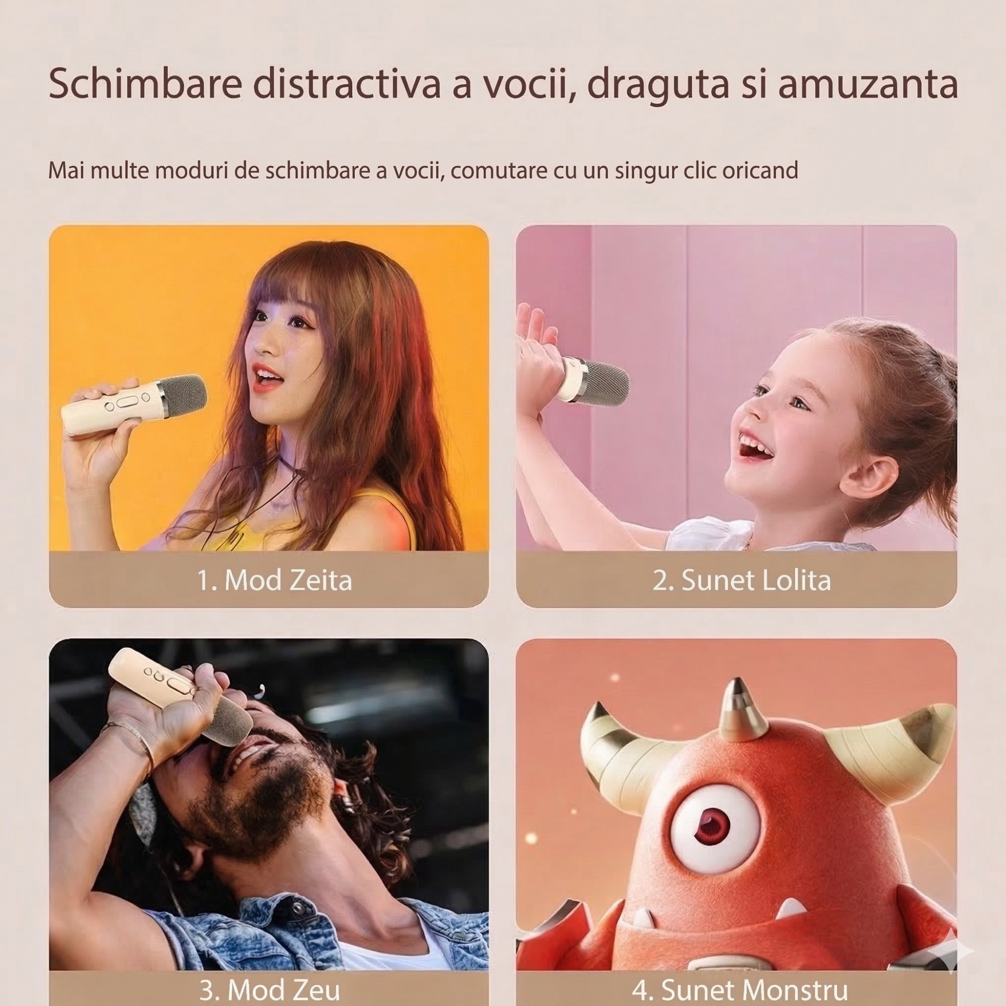 Boxa Portabila Karaoke, Flippy, Bluetooth 5.3, 5-10W, Set 2 Microfoane Wireless, LED RGB, 4 Efecte Vocale, Type-C, 14 x 11 cm, Roz