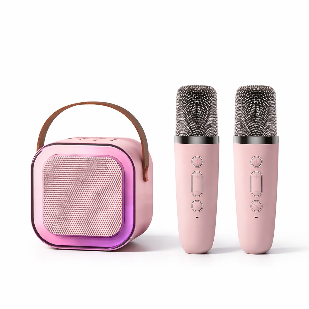 Boxa Portabila Karaoke, Flippy, Bluetooth 5.3, 5-10W, Set 2 Microfoane Wireless, LED RGB, 4 Efecte Vocale, Type-C, 14 x 11 cm, Roz