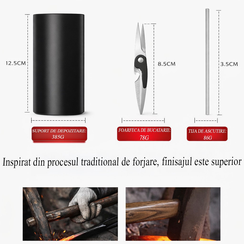 Cutite Bucatarie, Set 9 Piese, Flippy, Otel Inoxidabil cu Acoperire Antiaderenta, Suport Depozitare Inclus, 6 Cutite, Tija Ascutire si Foarfeca Bucatarie, 31 x 10 x 10 cm, Negru