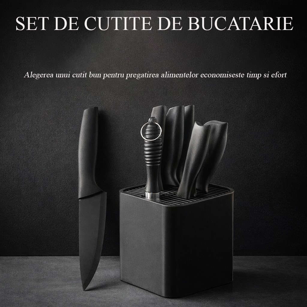 Cutite Bucatarie, Set 9 Piese, Flippy, Otel Inoxidabil cu Acoperire Antiaderenta, Suport Depozitare Inclus, 6 Cutite, Tija Ascutire si Foarfeca Bucatarie, 31 x 10 x 10 cm, Negru