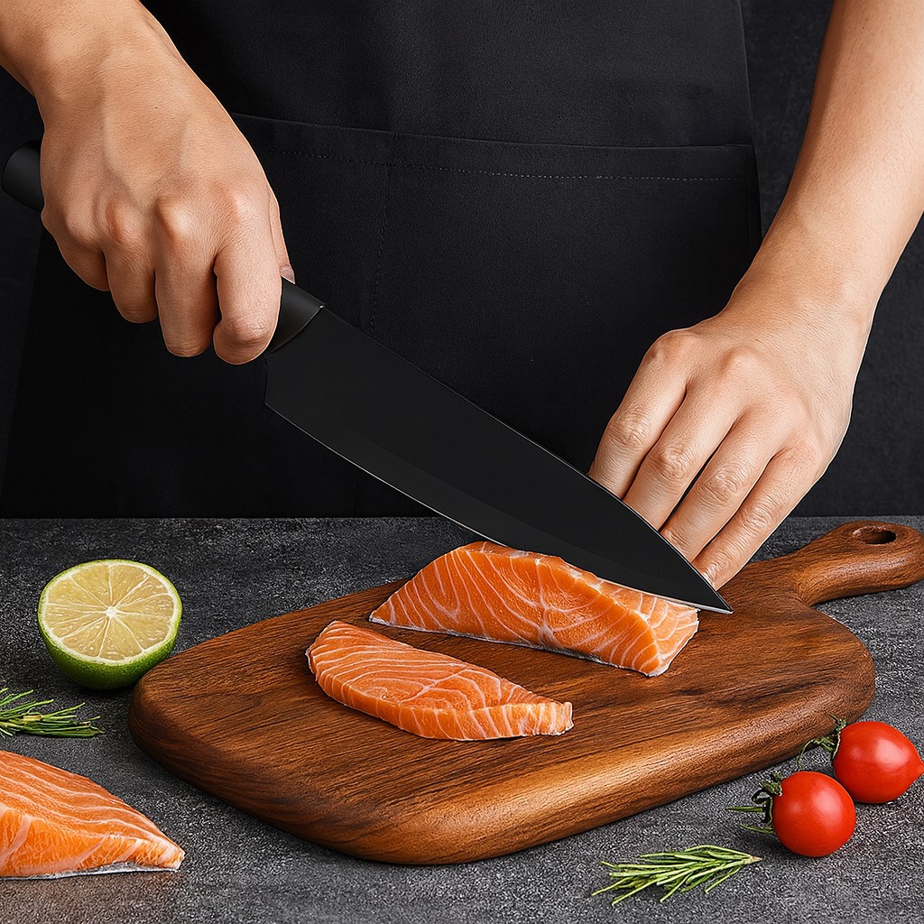 Cutite Bucatarie, Set 9 Piese, Flippy, Otel Inoxidabil cu Acoperire Antiaderenta, Suport Depozitare Inclus, 6 Cutite, Tija Ascutire si Foarfeca Bucatarie, 31 x 10 x 10 cm, Negru