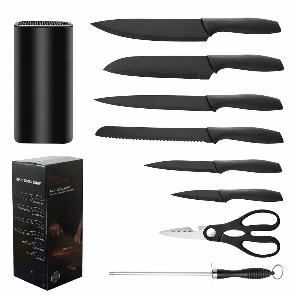 Cutite Bucatarie, Set 9 Piese, Flippy, Otel Inoxidabil cu Acoperire Antiaderenta, Suport Depozitare Inclus, 6 Cutite, Tija Ascutire si Foarfeca Bucatarie, 31 x 10 x 10 cm, Negru