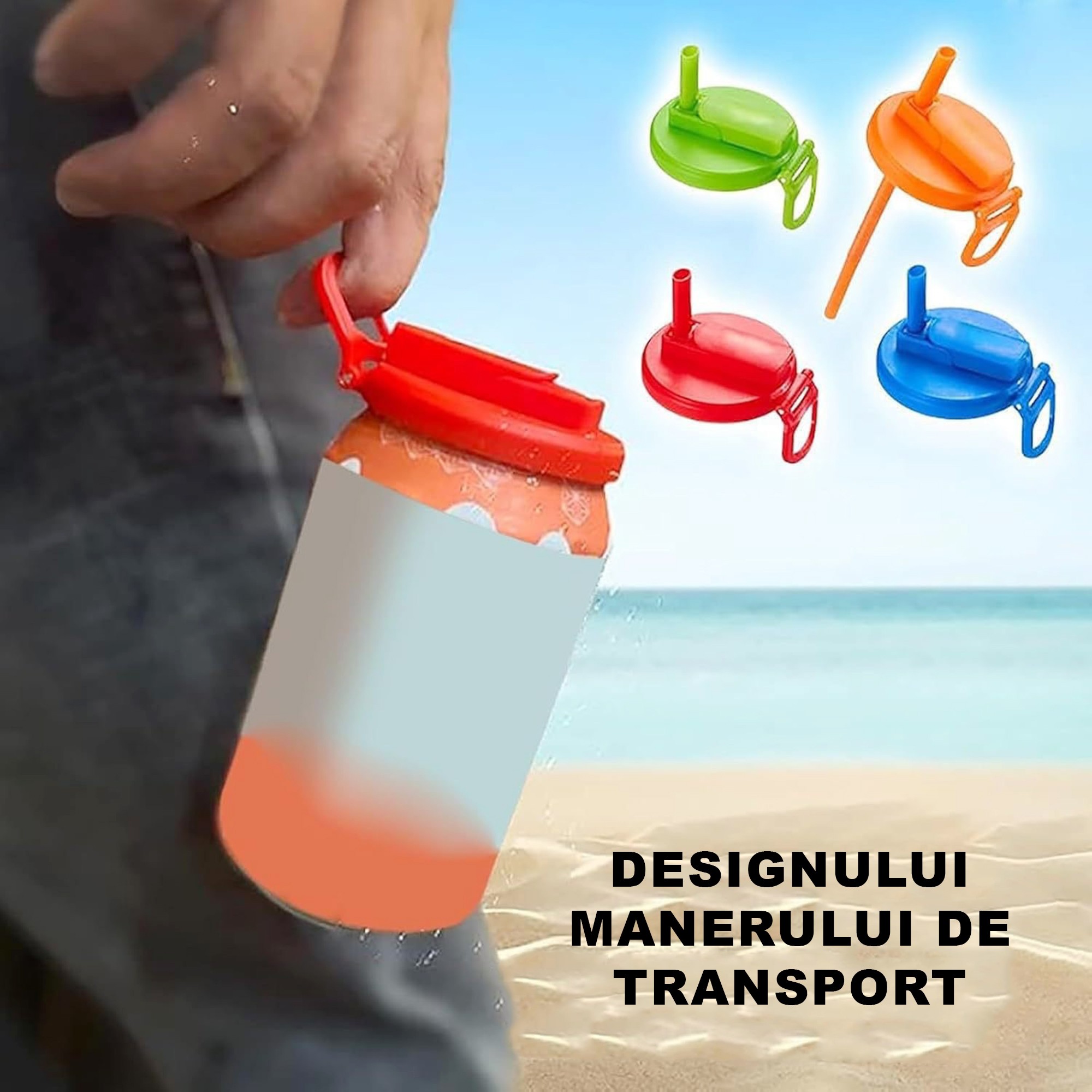 Capac Anti Varsare pentru Doze, Flippy, Model cu Pai Transparent, Reutilizabil, din Plastic, cu Maner Transportabil, 5.4 cm, Gri