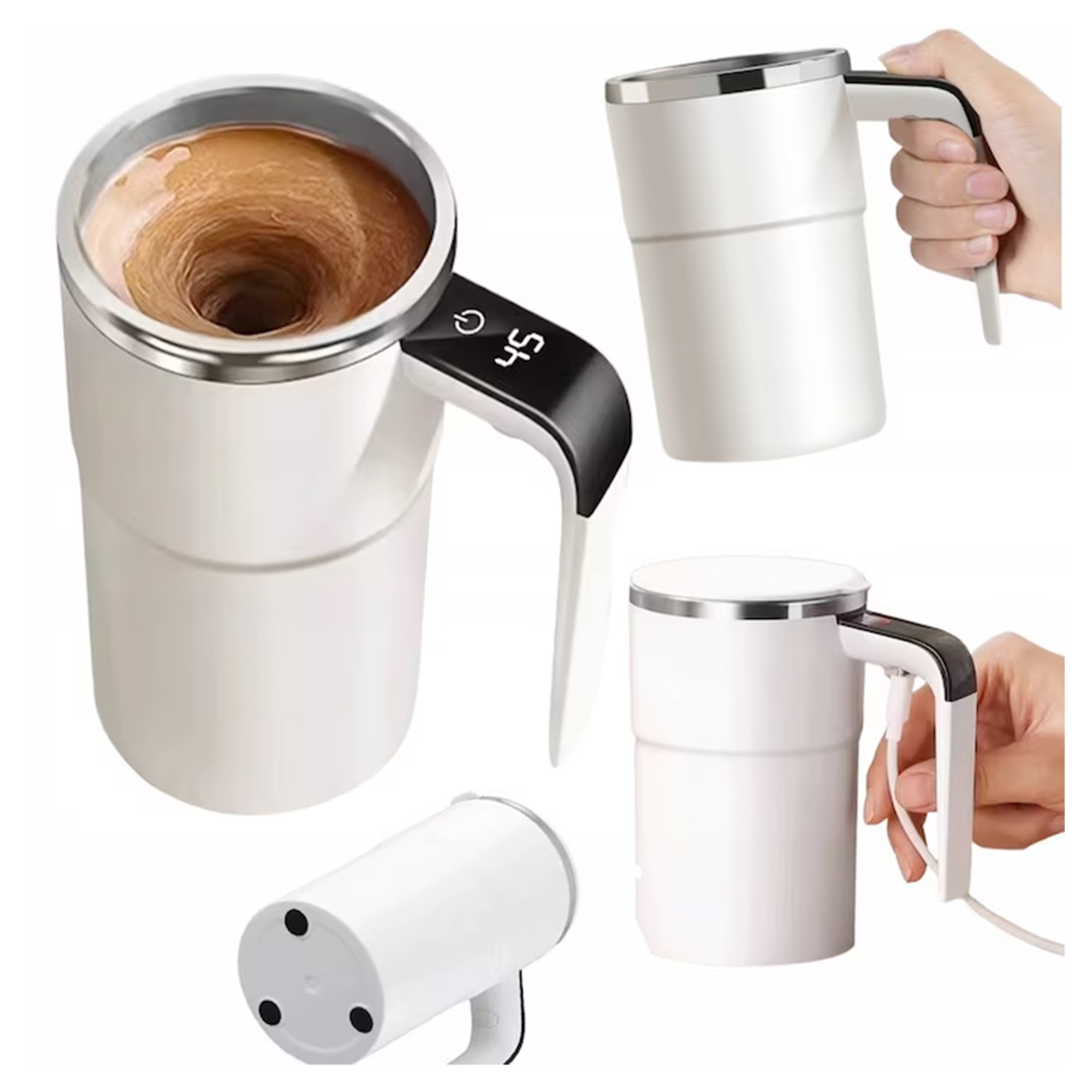 Cana Termica, Flippy, Ecran LCD, Auto Amestecare, Afisaj al Temperaturii, Otel Inoxidabil, Tip Termos, Incarcare USB, 13.8 x 8 cm, Negru