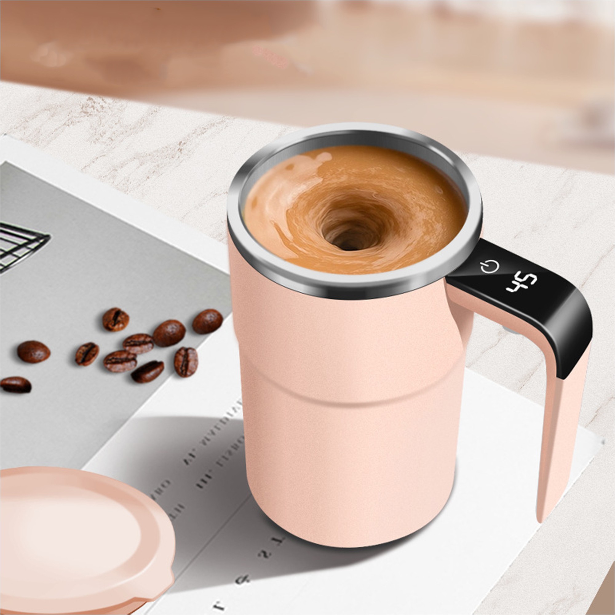 Cana Termica, Flippy, Ecran LCD, Auto Amestecare, Afisaj al Temperaturii, Otel Inoxidabil, Tip Termos, Incarcare USB, 13.8 x 8 cm, Roz