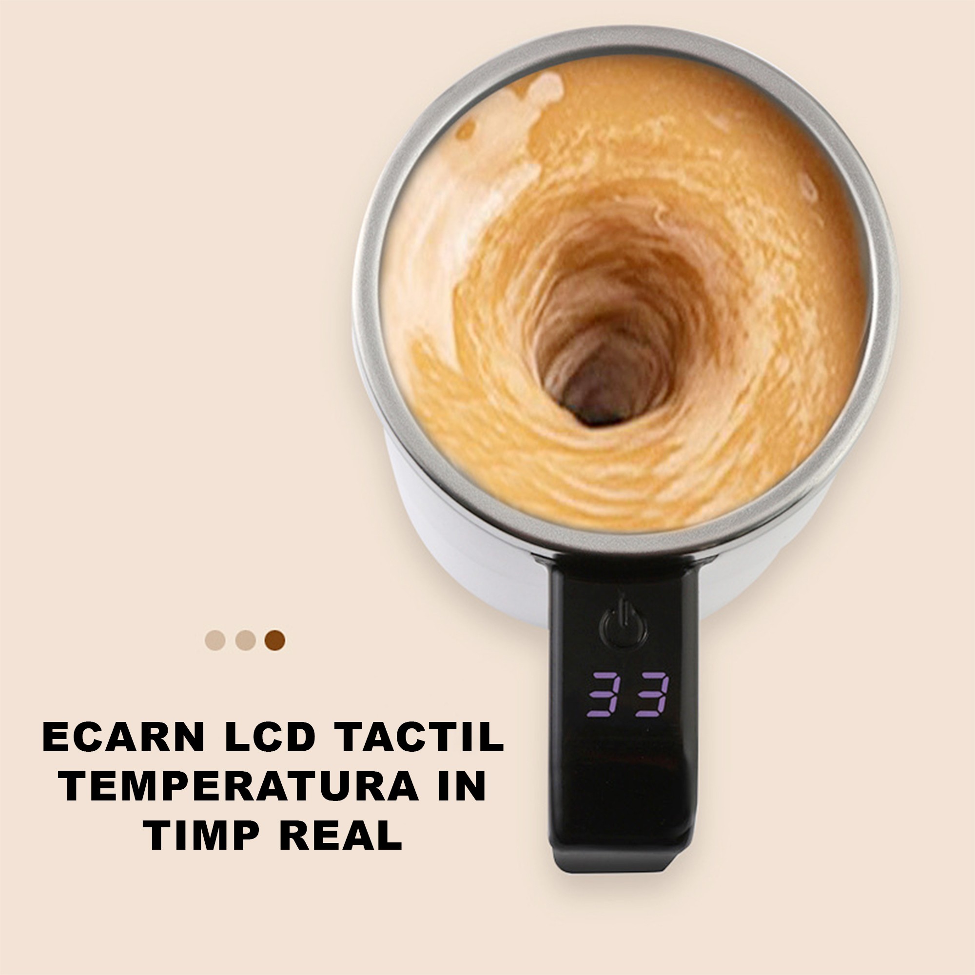 Cana Termica, Flippy, Ecran LCD, Auto Amestecare, Afisaj al Temperaturii, Otel Inoxidabil, Tip Termos, Incarcare USB, 13.8 x 8 cm, Roz