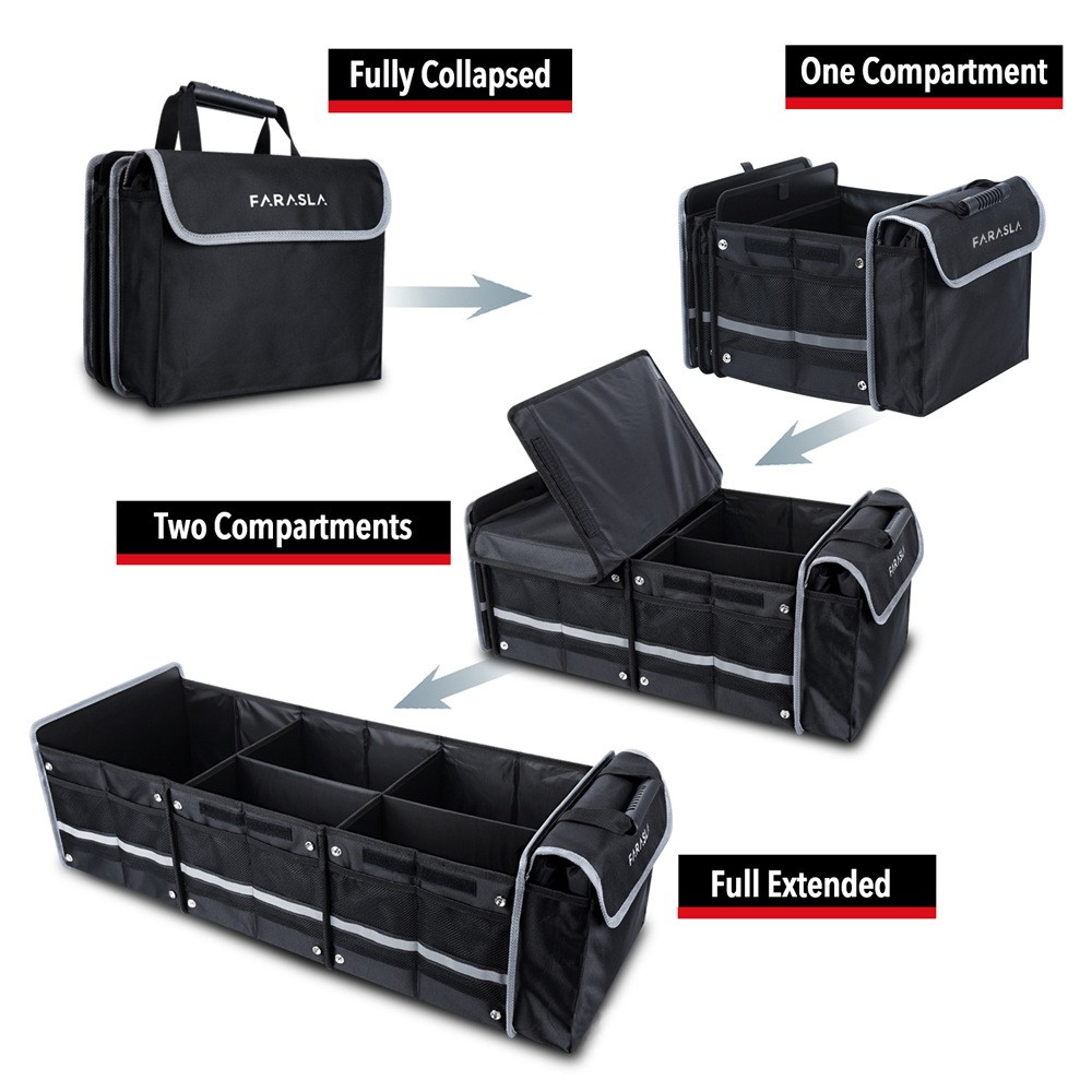 Organizator Auto pentru Portbagaj, Flippy, Model Pliabil, din Panza, cu Geanta Termoizolanta Detasabila, 3 Compartimente, Curele Ajustabile, 90 x 35 x 30 cm, Negru
