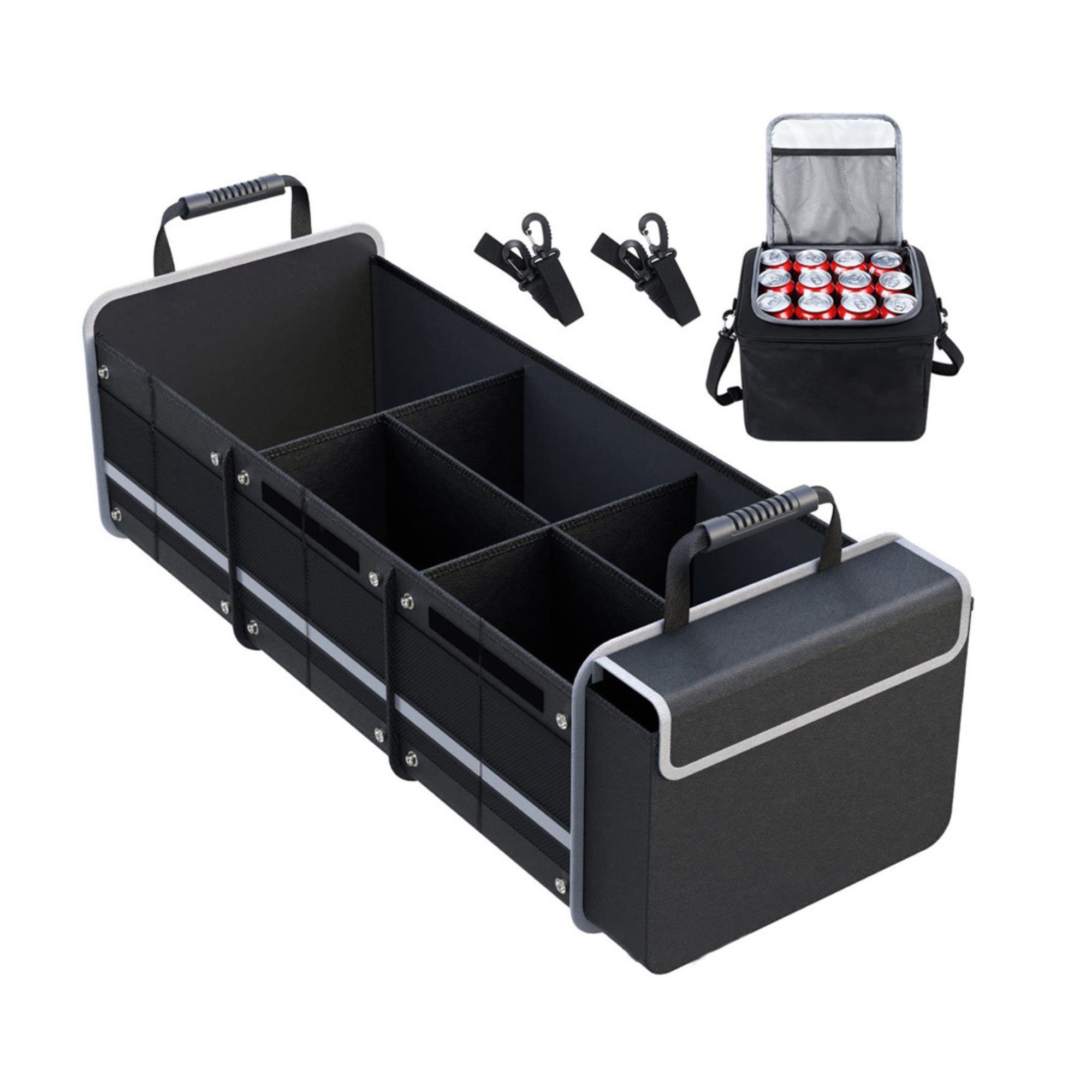 Organizator Auto pentru Portbagaj, Flippy, Model Pliabil, din Panza, cu Geanta Termoizolanta Detasabila, 3 Compartimente, Curele Ajustabile, 90 x 35 x 30 cm, Negru
