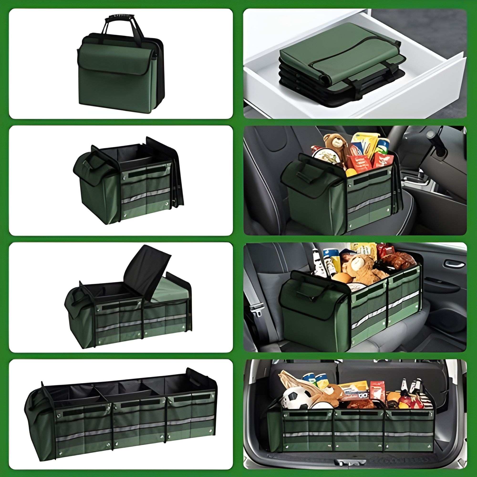 Organizator Auto pentru Portbagaj, Flippy, Model Pliabil, din Panza, cu Geanta Termoizolanta Detasabila, 3 Compartimente, Curele Ajustabile, 90 x 35 x 30 cm, Verde