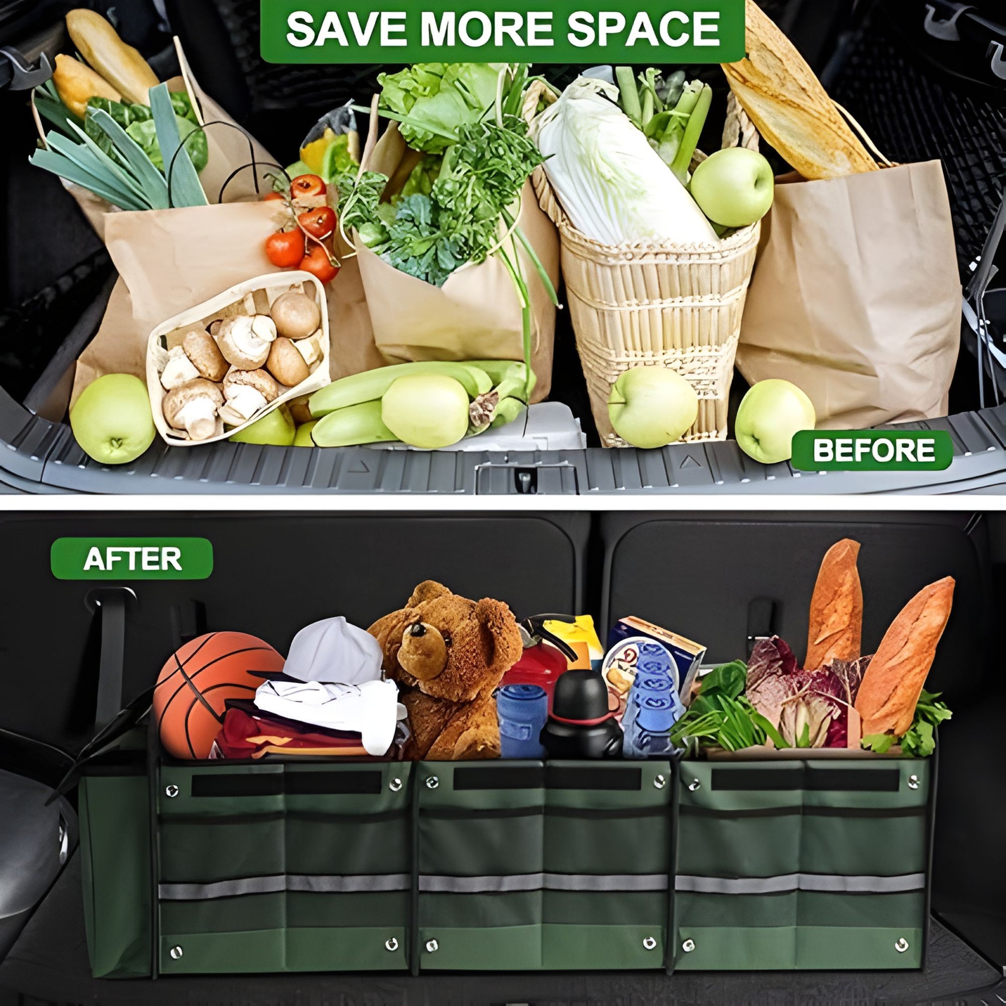 Organizator Auto pentru Portbagaj, Flippy, Model Pliabil, din Panza, cu Geanta Termoizolanta Detasabila, 3 Compartimente, Curele Ajustabile, 90 x 35 x 30 cm, Verde