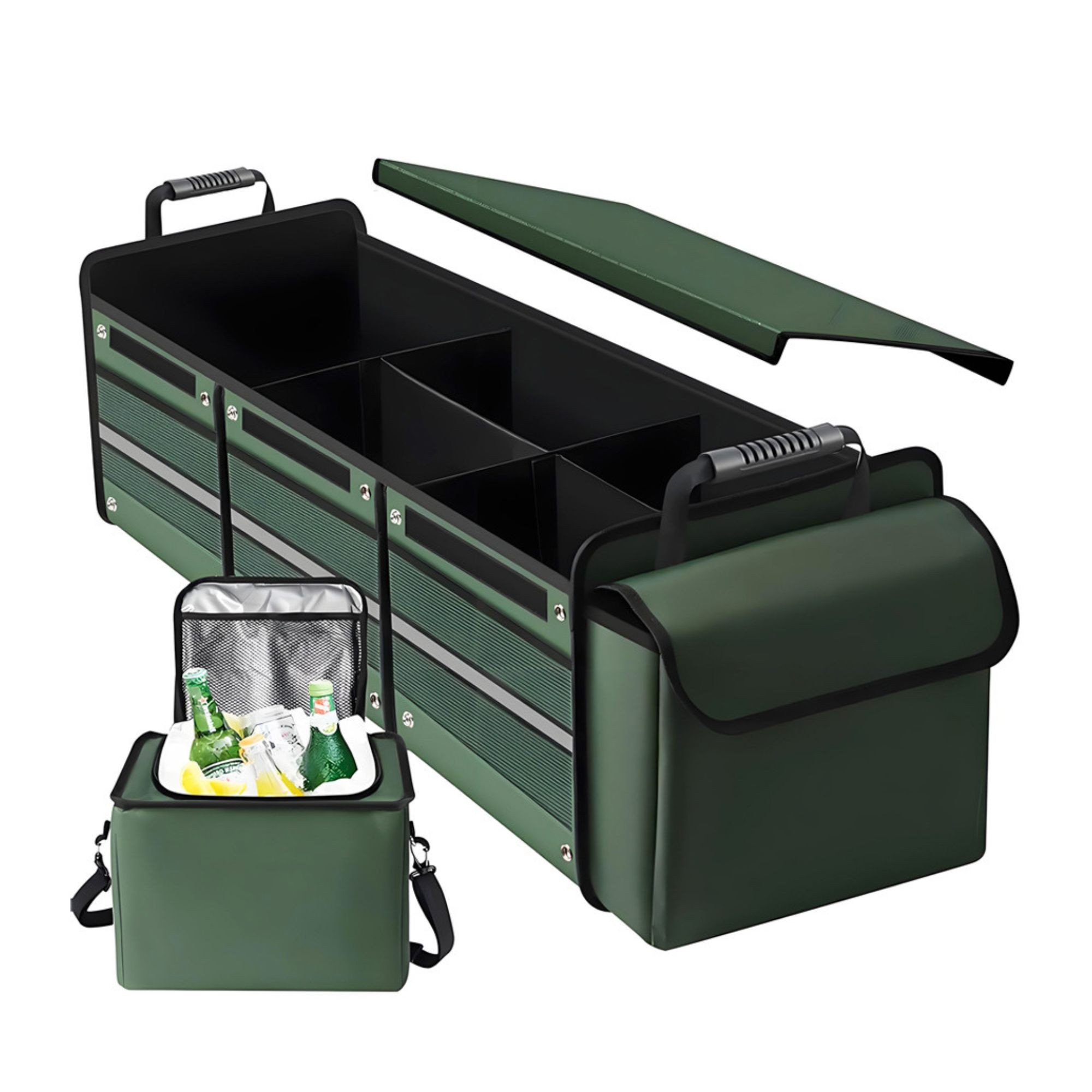 Organizator Auto pentru Portbagaj, Flippy, Model Pliabil, din Panza, cu Geanta Termoizolanta Detasabila, 3 Compartimente, Curele Ajustabile, 90 x 35 x 30 cm, Verde