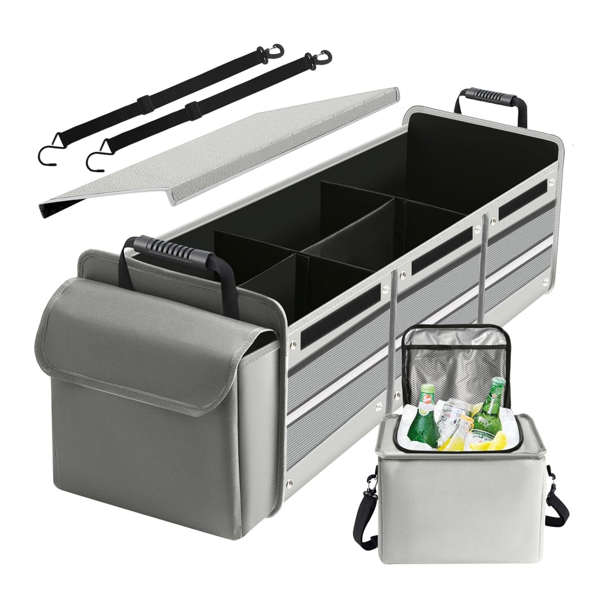Organizator Auto pentru Portbagaj, Flippy, Model Pliabil, din Panza, cu Geanta Termoizolanta Detasabila, 3 Compartimente, Curele Ajustabile, 90 x 35 x 30 cm, Gri