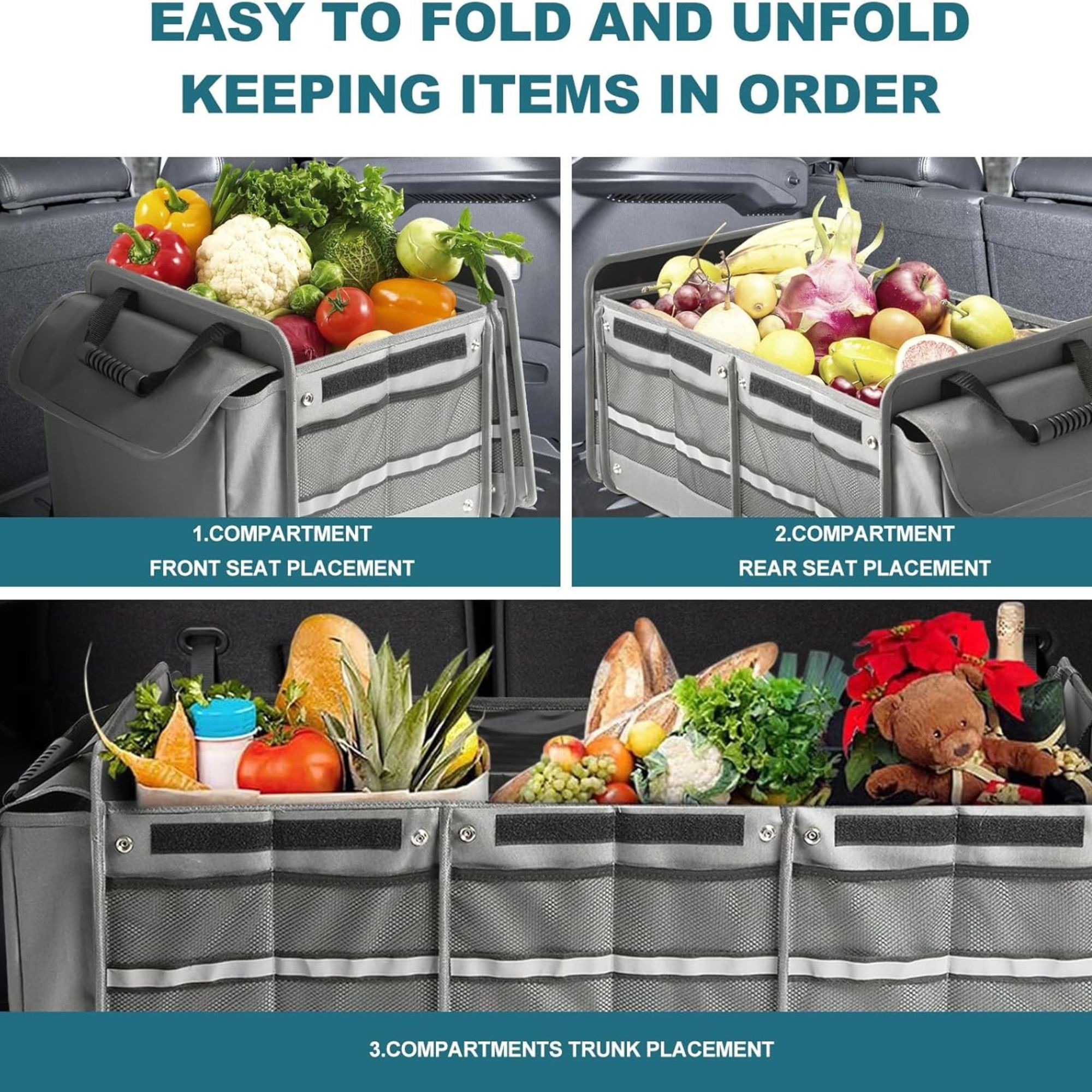Organizator Auto pentru Portbagaj, Flippy, Model Pliabil, din Panza, cu Geanta Termoizolanta Detasabila, 3 Compartimente, Curele Ajustabile, 90 x 35 x 30 cm, Gri