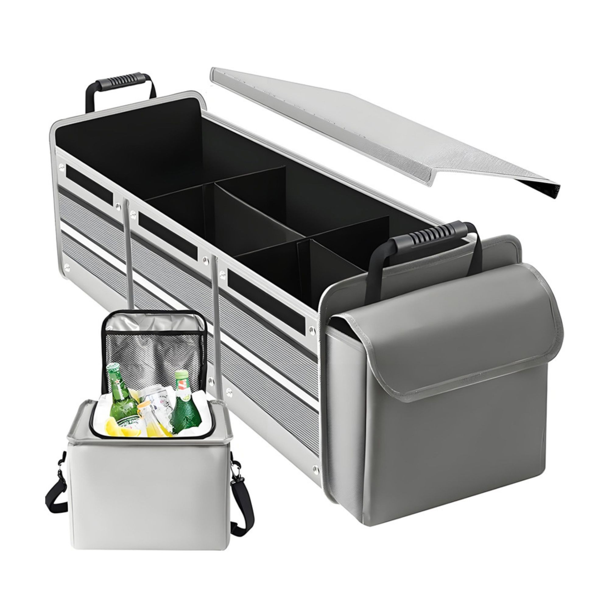 Organizator Auto pentru Portbagaj, Flippy, Model Pliabil, din Panza, cu Geanta Termoizolanta Detasabila, 3 Compartimente, Curele Ajustabile, 90 x 35 x 30 cm, Gri