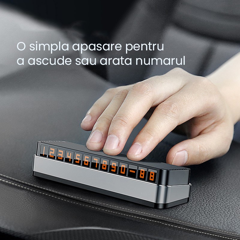 Suport Numar de Telefon pentru Parcare Auto, Flippy, Suport pentru Numarul de telefon, Pop-Up pentru Ascundere, Banda Adeziva Inclusa, 150 x 52 x 60 mm, Cifre Rosii, Space Gray