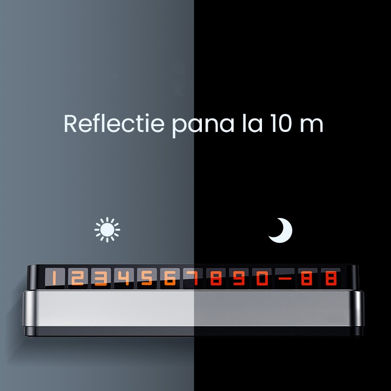 Suport Numar de Telefon pentru Parcare Auto, Flippy, Suport pentru Numarul de telefon, Pop-Up pentru Ascundere, Banda Adeziva Inclusa, 150 x 52 x 60 mm, Cifre Rosii, Space Gray