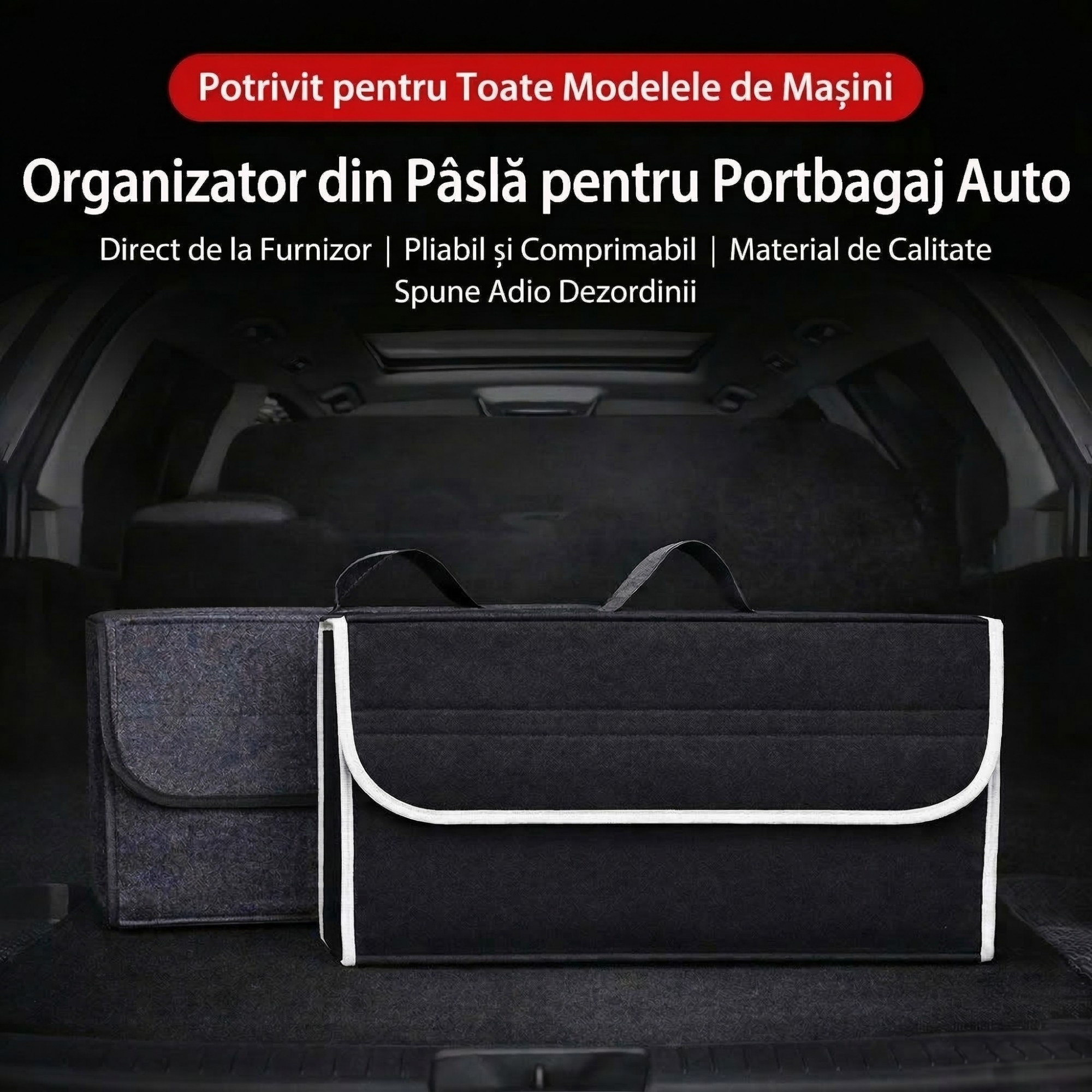 Organizator Portbagaj Auto Pliabil, Flippy, Cutie Depozitare Multifunctionala, Material Textil Non Woven, 50 x 17 x 24 cm, Negru