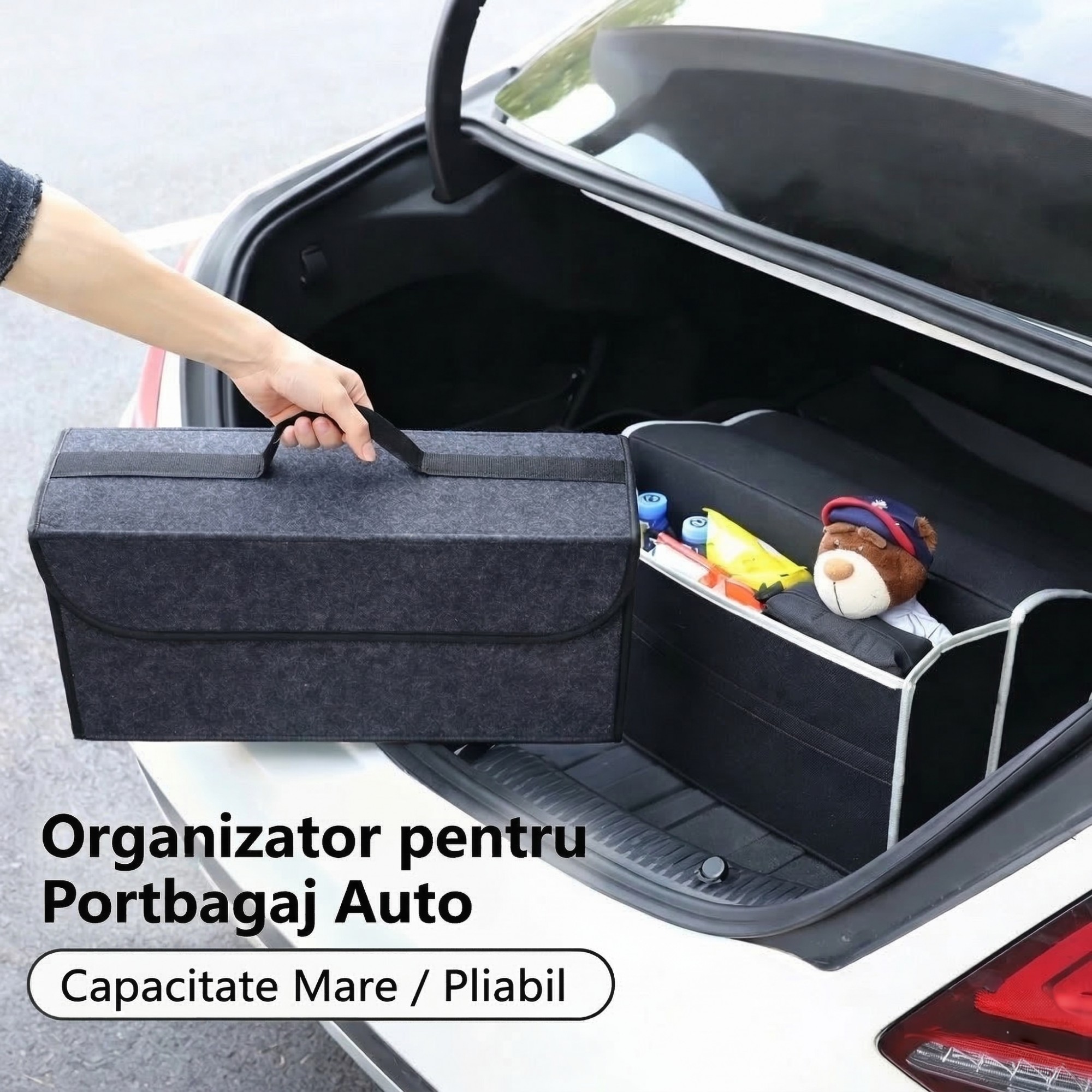 Organizator Portbagaj Auto Pliabil, Flippy, Cutie Depozitare Multifunctionala, Material Textil Non Woven, 50 x 17 x 24 cm, Gri