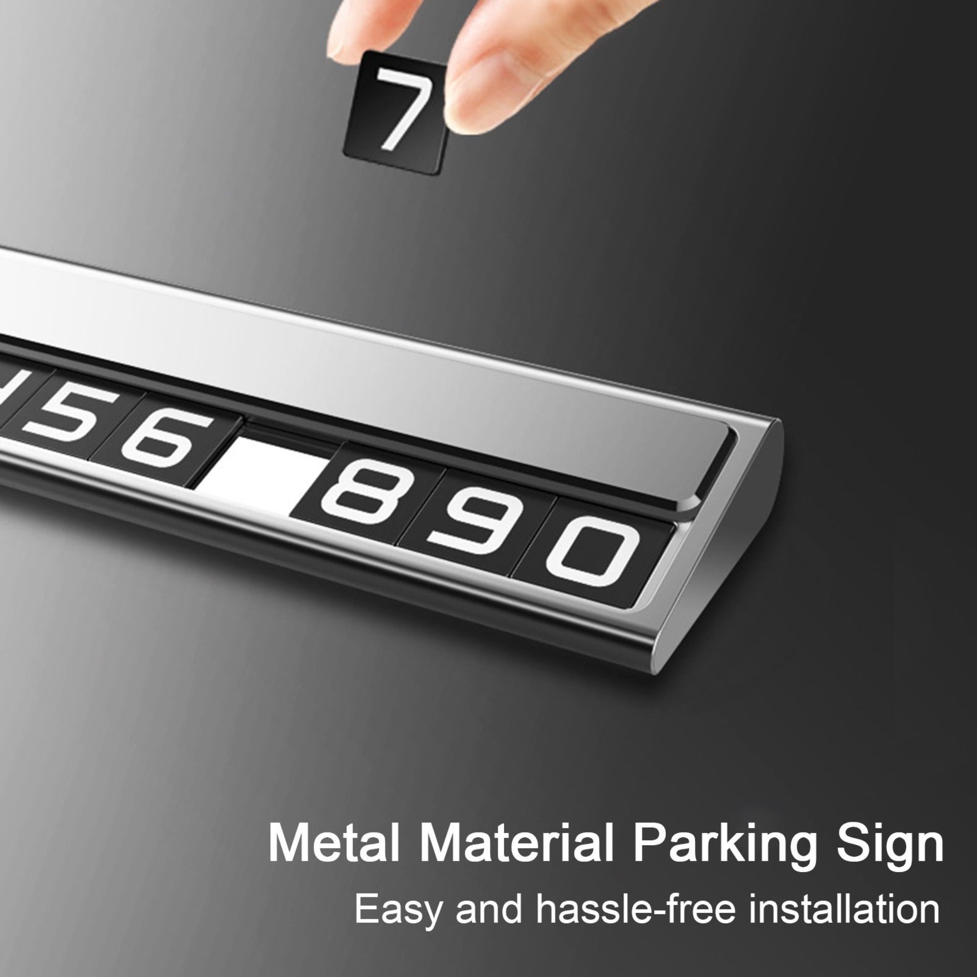 Suport Auto Numar Telefon Parcare, Flippy, Design Metalic cu Capac, Afisaj Ascuns Rabatabil, Cifre Magnetice Fluorescente, 11.8 x 3 x 1 cm, Argintiu 