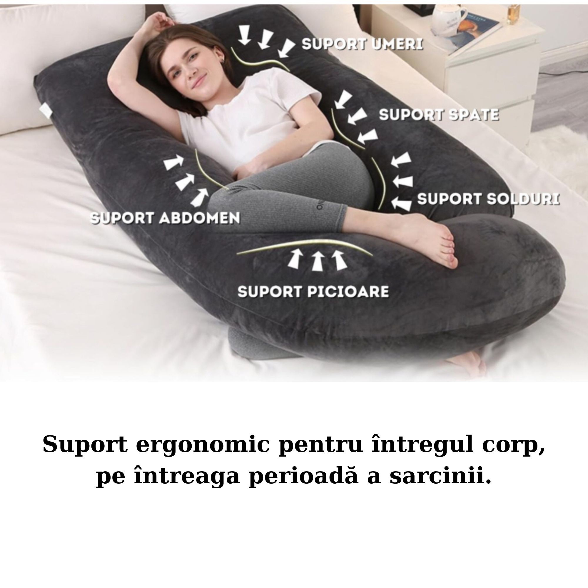 Perna pentru Gravide, Flippy, Perna de Sarcina, Detasabila si Lavabila, Ergonomica Tip J, Captuseala din Poliester, 155 x 75 x 60 cm, Negru