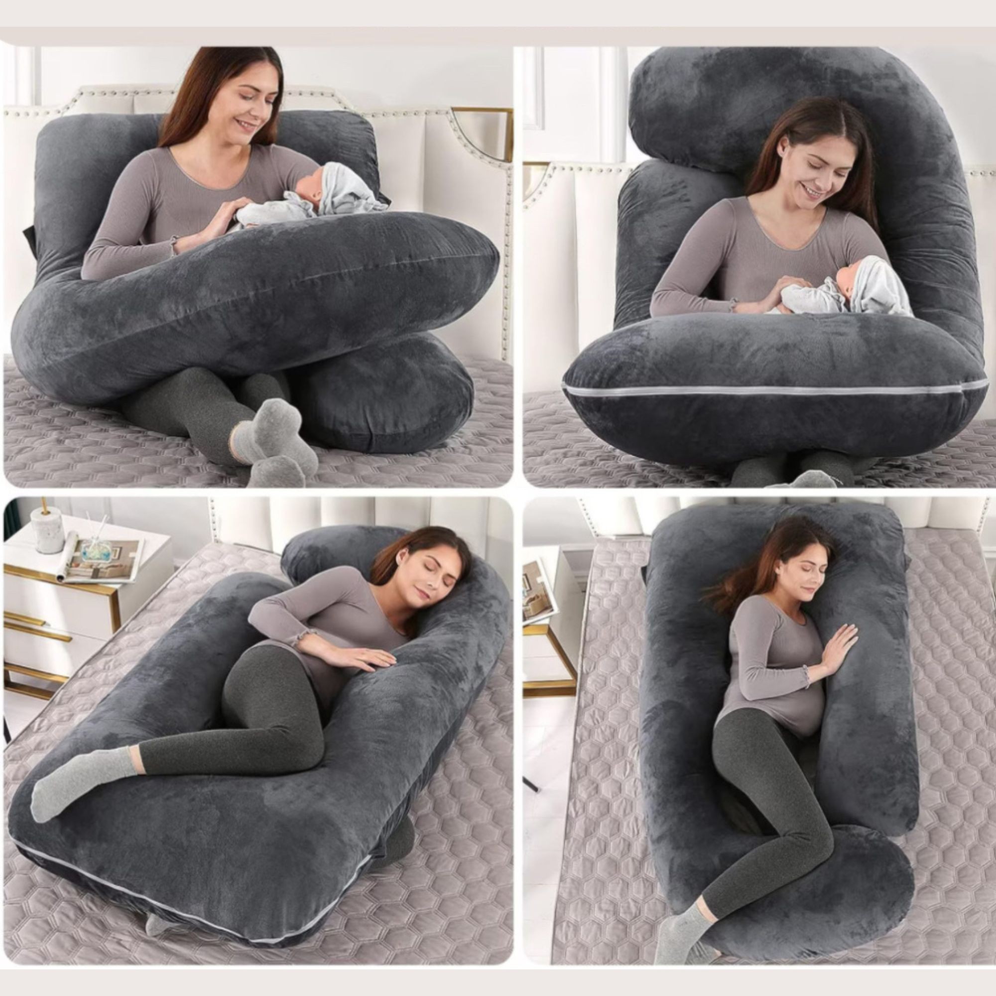 Perna pentru Gravide, Flippy, Perna de Sarcina, Detasabila si Lavabila, Ergonomica Tip J, Captuseala din Poliester, 155 x 75 x 60 cm, Negru