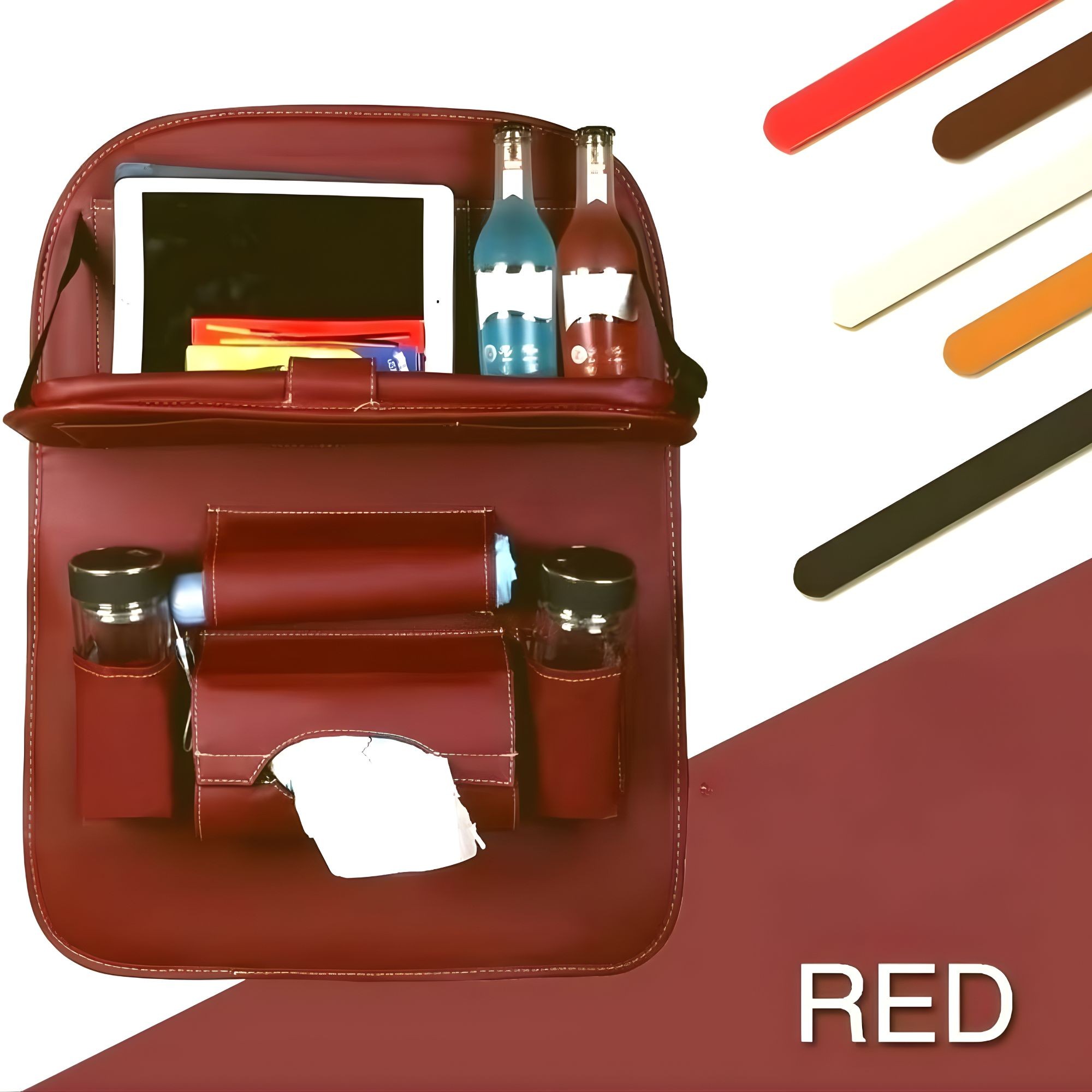 Organizator Spate Scaun Auto, Flippy, Masa Pliabila, Piele Ecologica, Impermeabil, Suport pentru Tableta, Sortare Lucruri si Protejare Tapiterie, 40 x 63cm, Orange