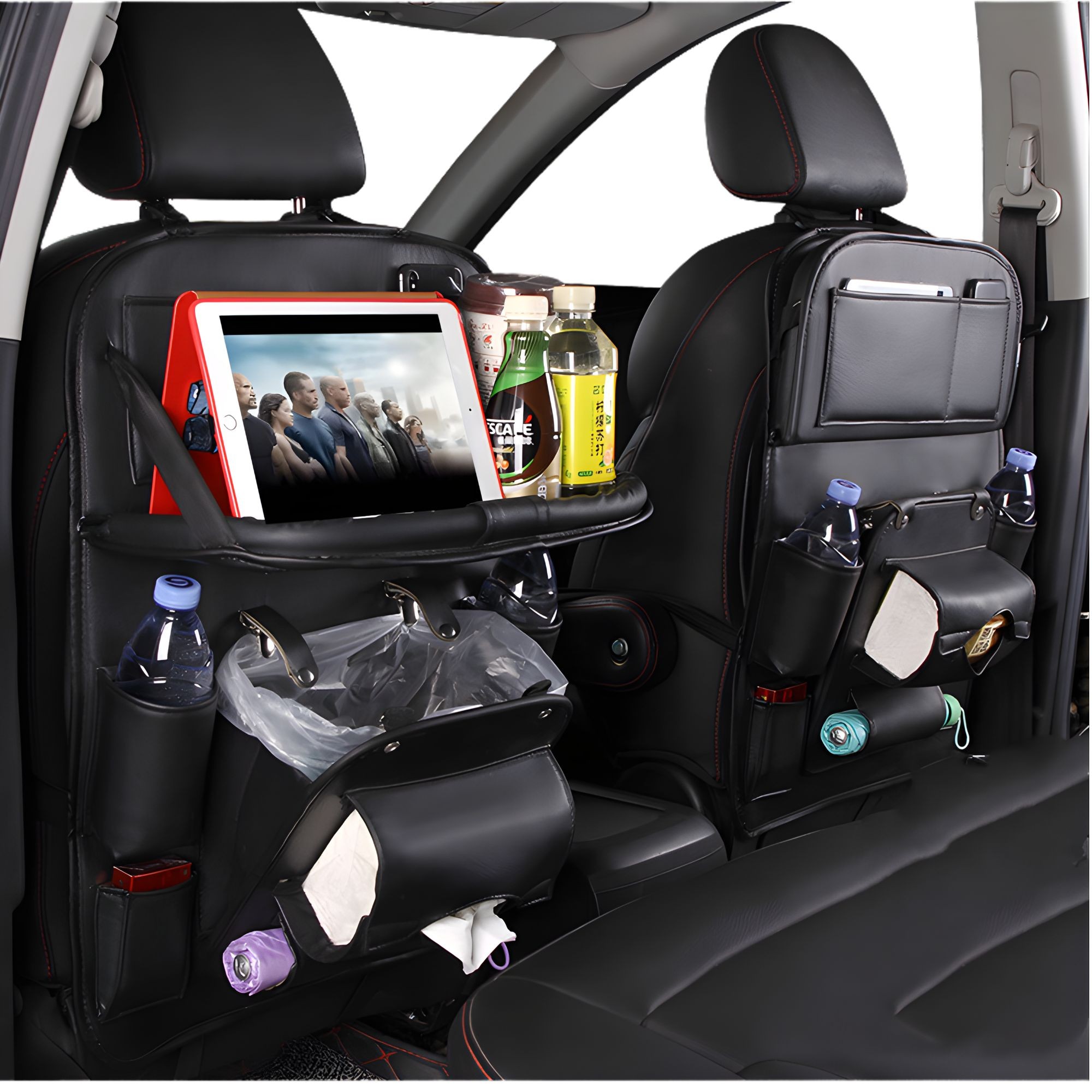 Organizator Spate Scaun Auto, Flippy, Masa Pliabila, Piele Ecologica, Impermeabil, Suport pentru Tableta, Sortare Lucruri si Protejare Tapiterie, 40 x 63cm, Negru