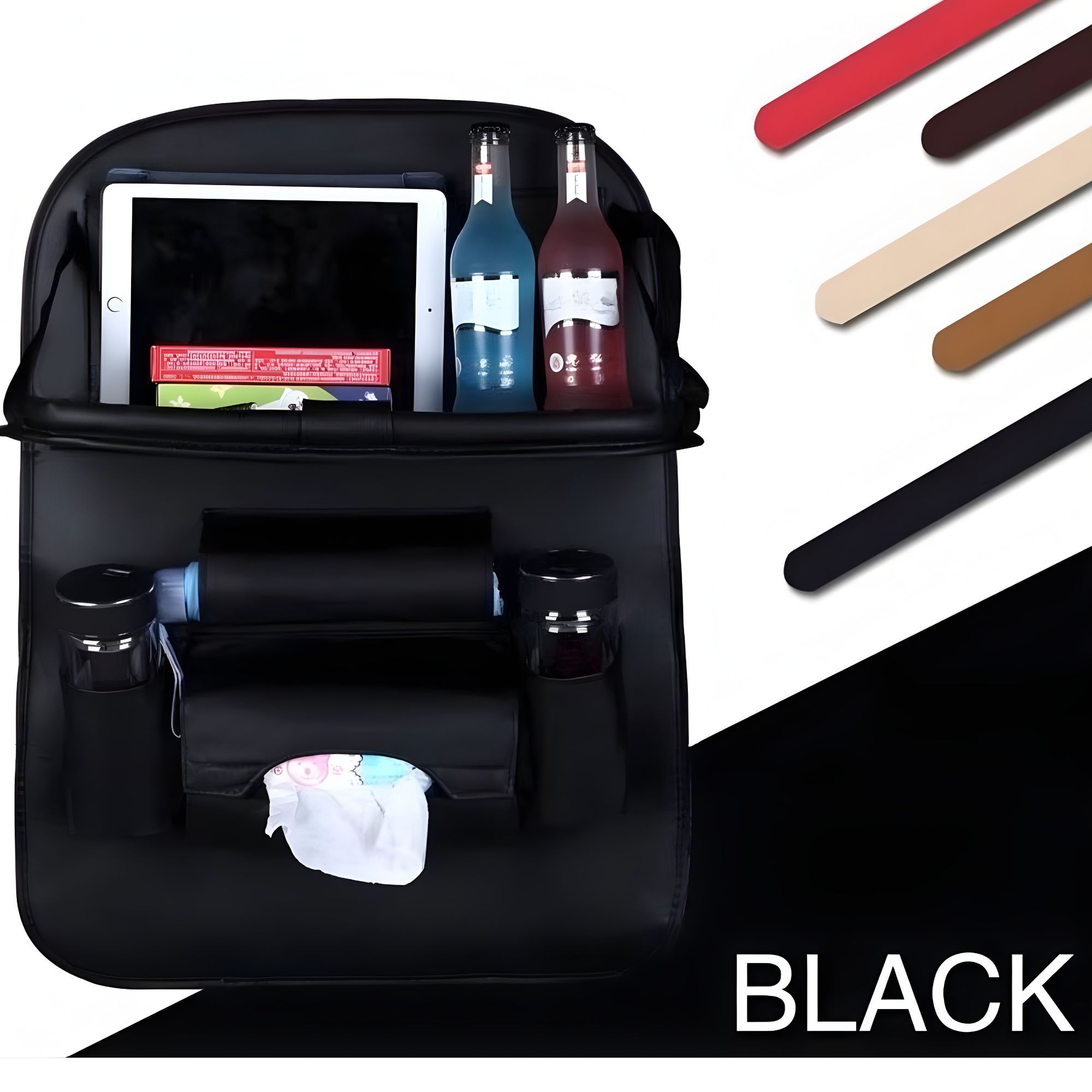 Organizator Spate Scaun Auto, Flippy, Masa Pliabila, Piele Ecologica, Impermeabil, Suport pentru Tableta, Sortare Lucruri si Protejare Tapiterie, 40 x 63cm, Negru