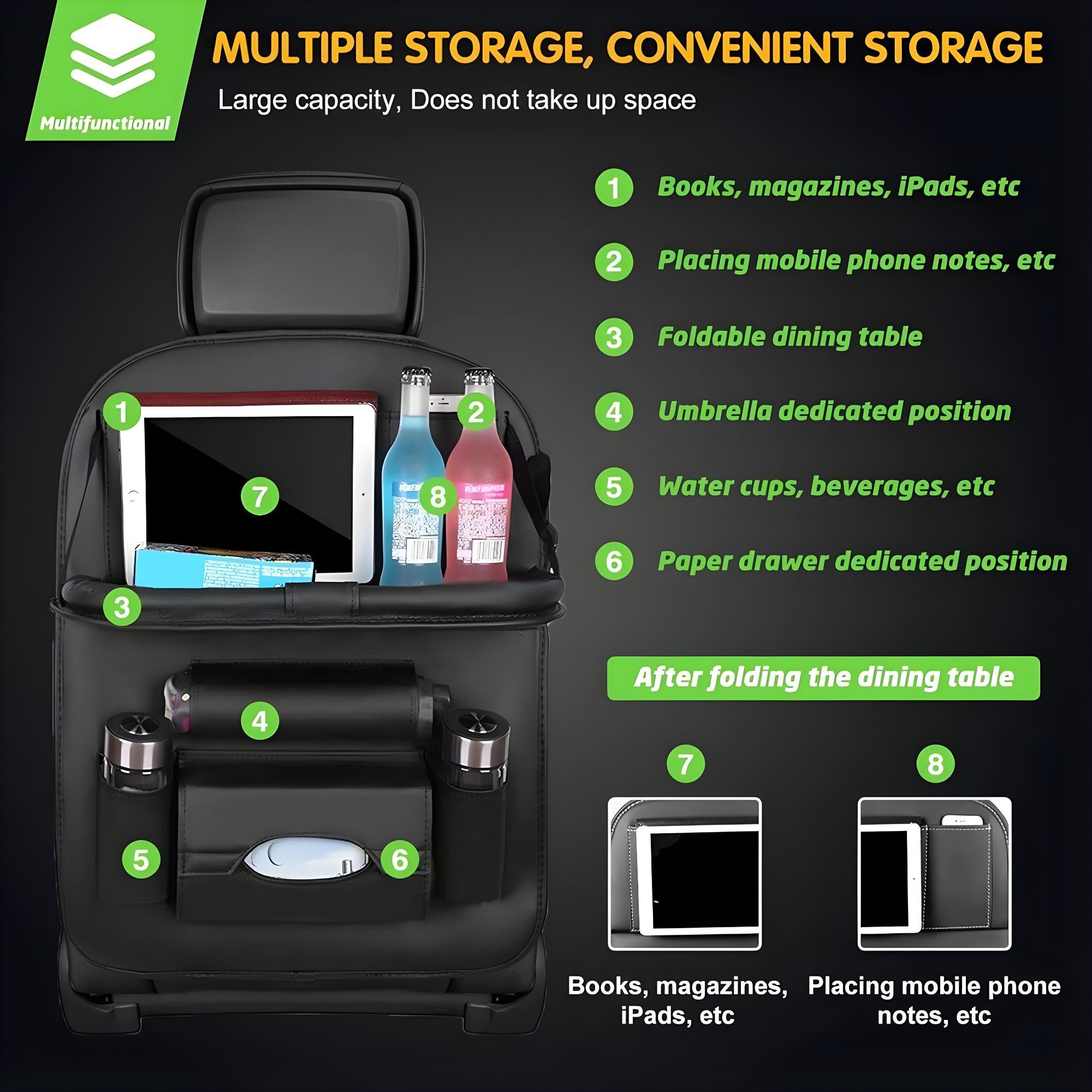 Organizator Spate Scaun Auto, Flippy, Masa Pliabila, Piele Ecologica, Impermeabil, Suport pentru Tableta, Sortare Lucruri si Protejare Tapiterie, 40 x 63cm, Negru