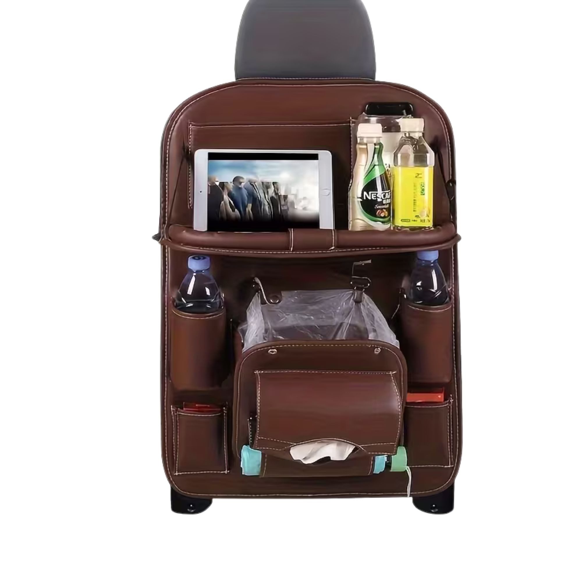 Organizator Spate Scaun Auto, Flippy, Masa Pliabila, Piele Ecologica, Impermeabil, Suport pentru Tableta, Sortare Lucruri si Protejare Tapiterie, 40 x 63cm, Maro