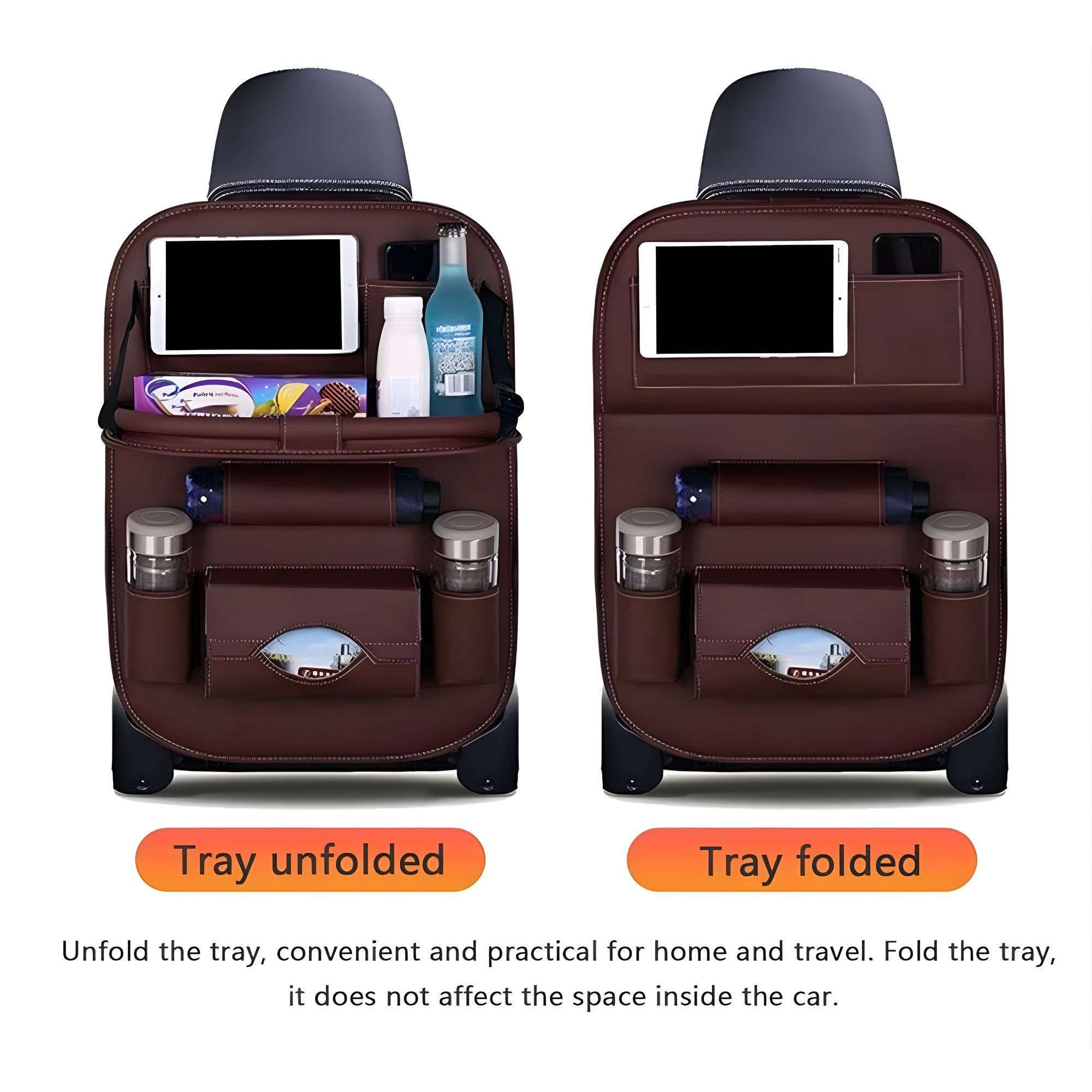 Organizator Spate Scaun Auto, Flippy, Masa Pliabila, Piele Ecologica, Impermeabil, Suport pentru Tableta, Sortare Lucruri si Protejare Tapiterie, 40 x 63cm, Bordo