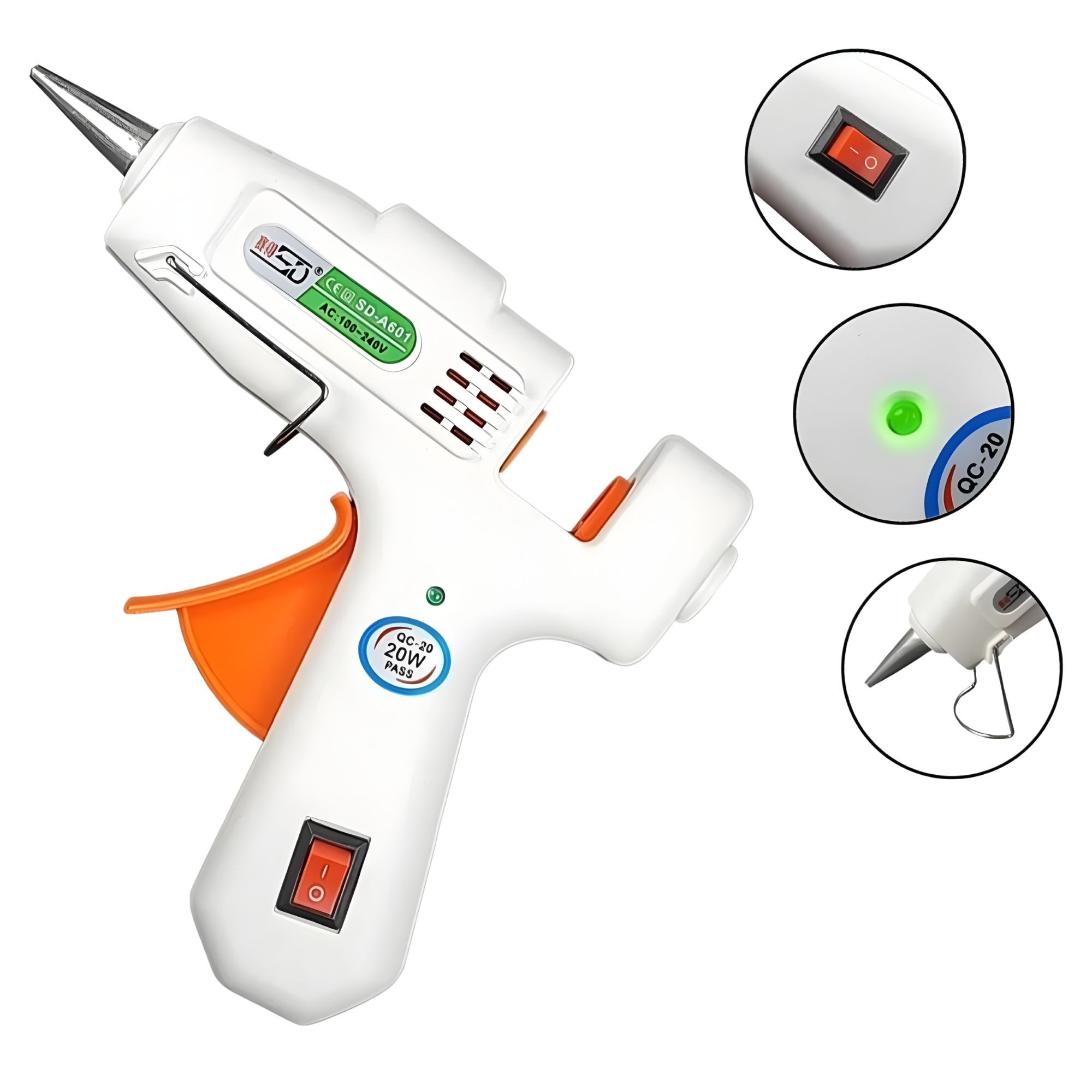 Pistol de Lipit cu Silicon la cald, Flippy, 20 W, pentru Batoane 7 mm, Duza din Aluminiu Anti-picurare, Incalzire Rapida, pentru Bricolaj, Artizanat și Reparatii, Alb