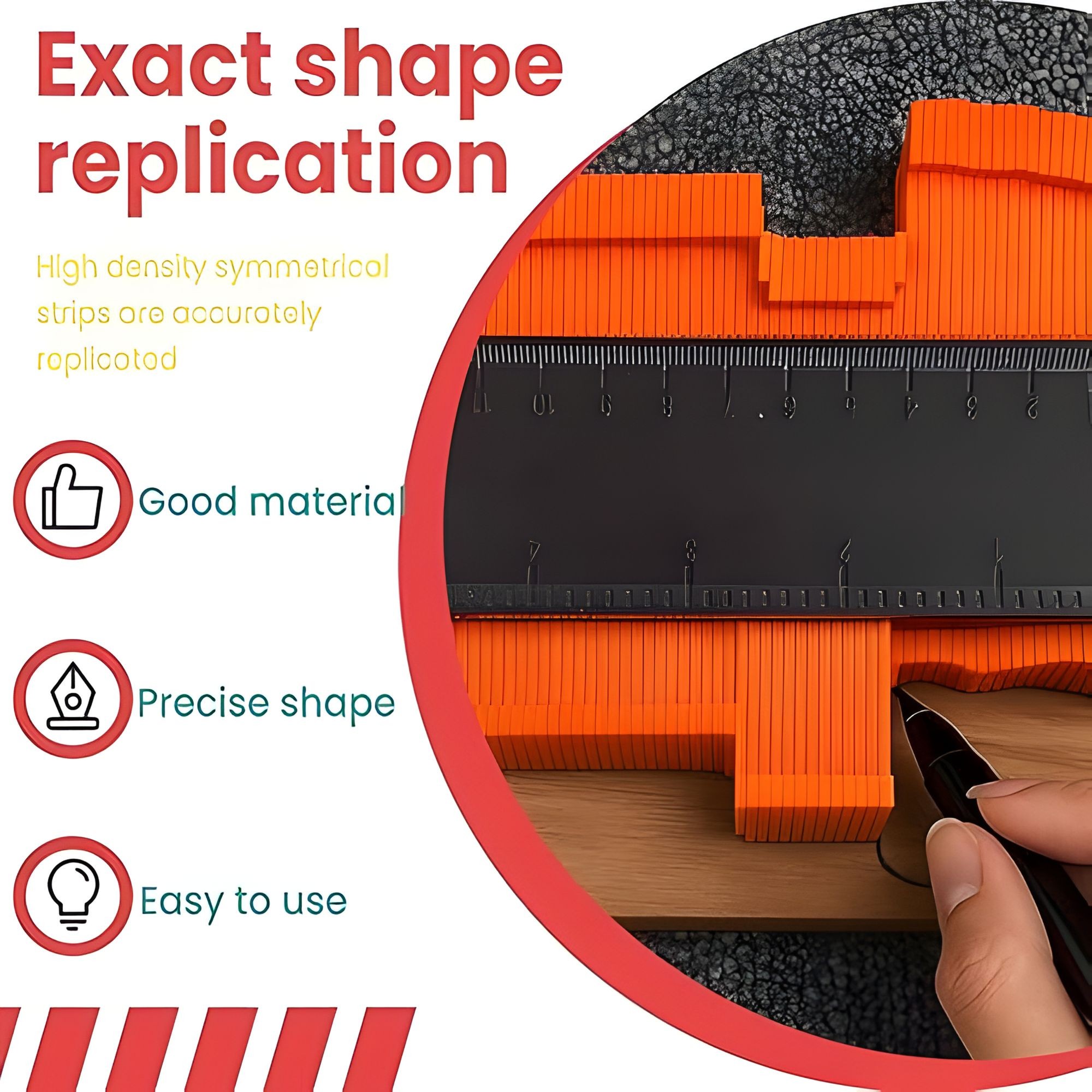 Sablon Masurare Contur, Flippy, Cu Rigla Integrata, pentru Copiere Unghiuri si Forme Neregulate, Plastic Rezistent, 14.6 x 10.5 cm, Portocaliu/Negru