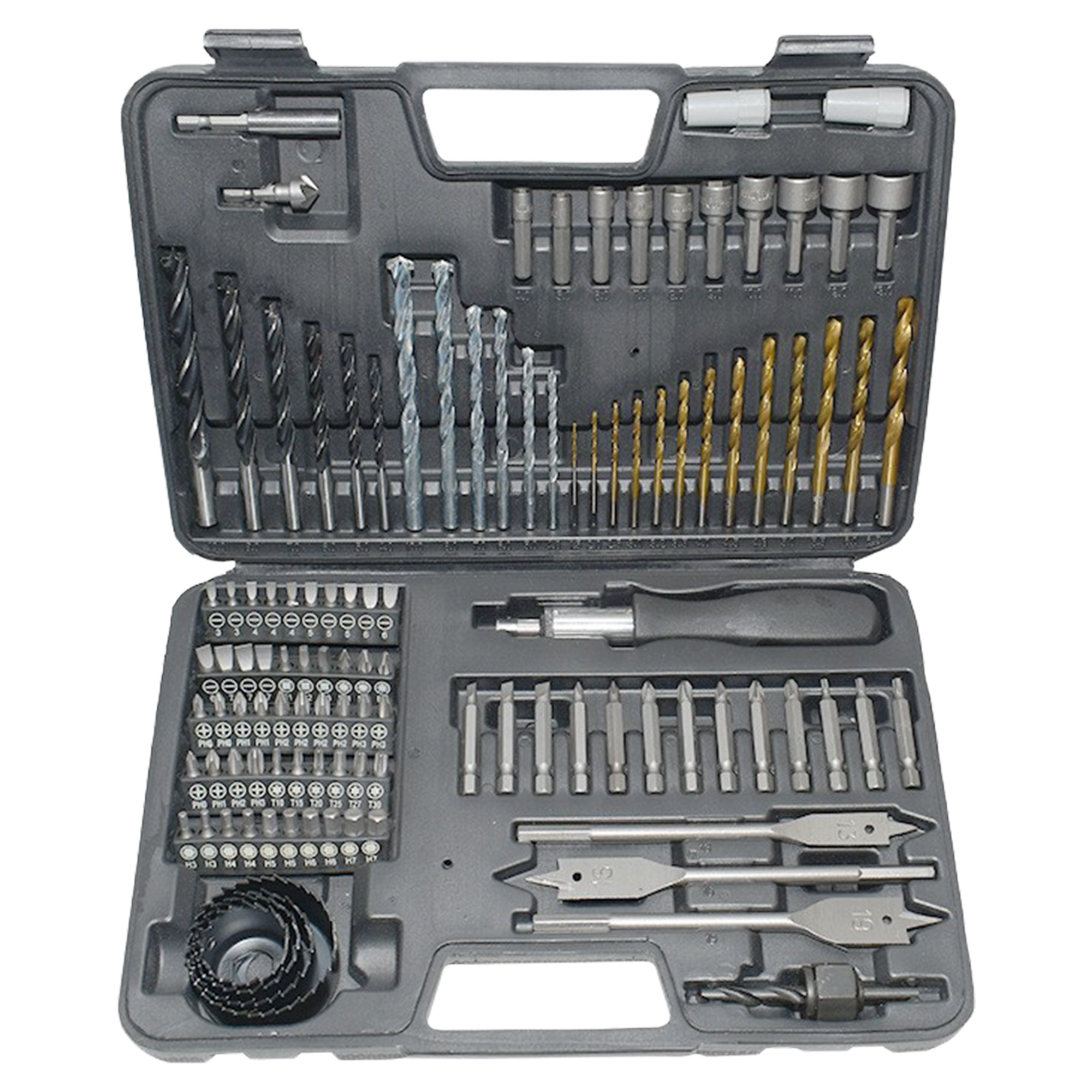 Set Scule Profesionale, Flippy, Set 111 buc, Accesorii Multifunctionale pentru Gaurire si Insurubare, Burghie Lemn, Metal, Zidarie, Cutie Transport, 30 x 20 x 6 cm, Negru