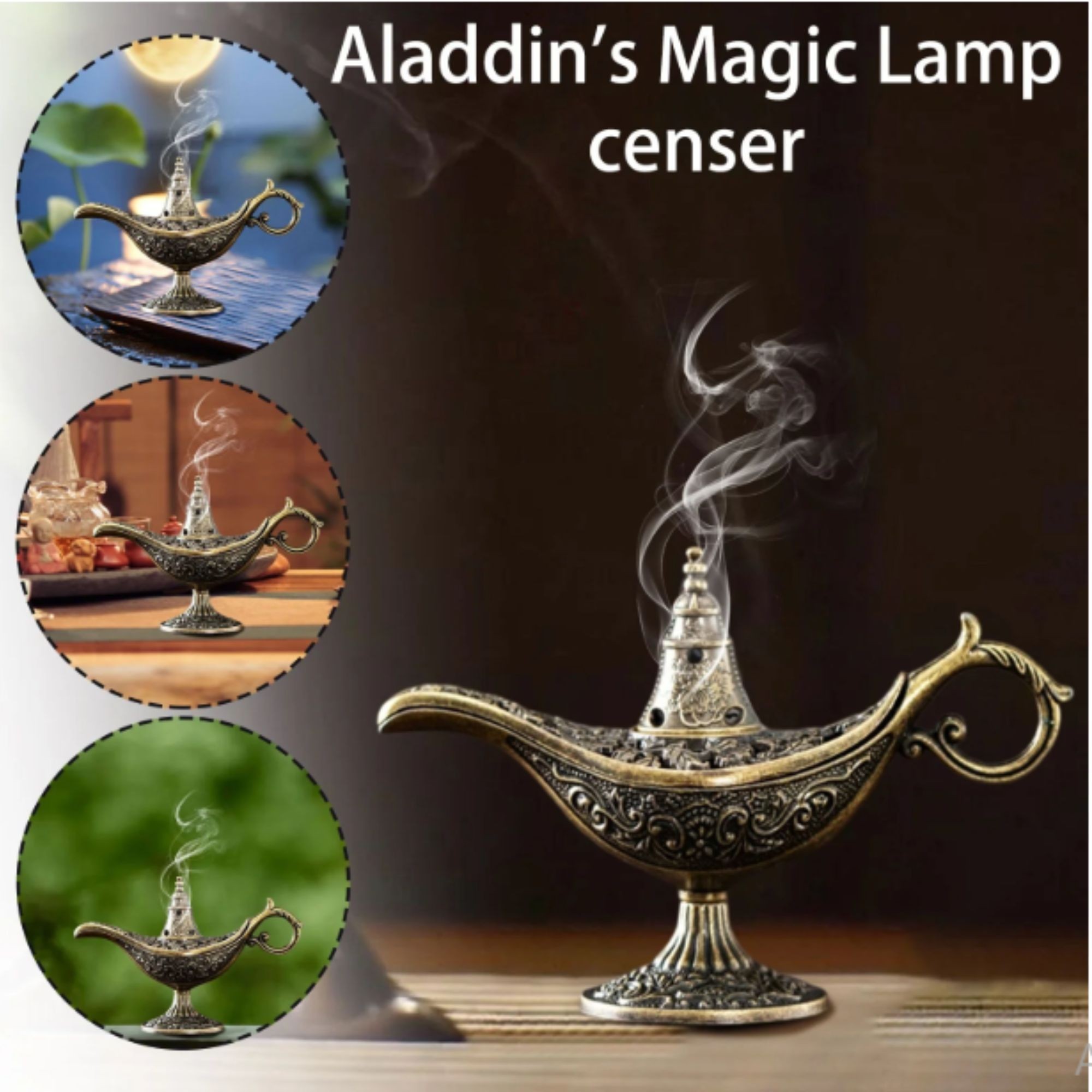 Arzator Tamaie, Flipppy, Model Lampa Aladin, Aliaj, Dimensiune Mica, cu Maner si Capac, Lampa Decorativa Vintage, 3.2 x 9 x 6 cm, Bronz