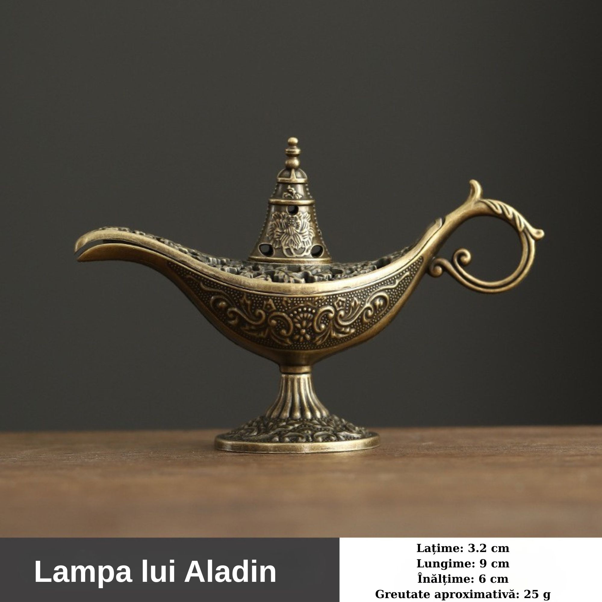 Arzator Tamaie, Flipppy, Model Lampa Aladin, Aliaj, Dimensiune Mica, cu Maner si Capac, Lampa Decorativa Vintage, 3.2 x 9 x 6 cm, Bronz