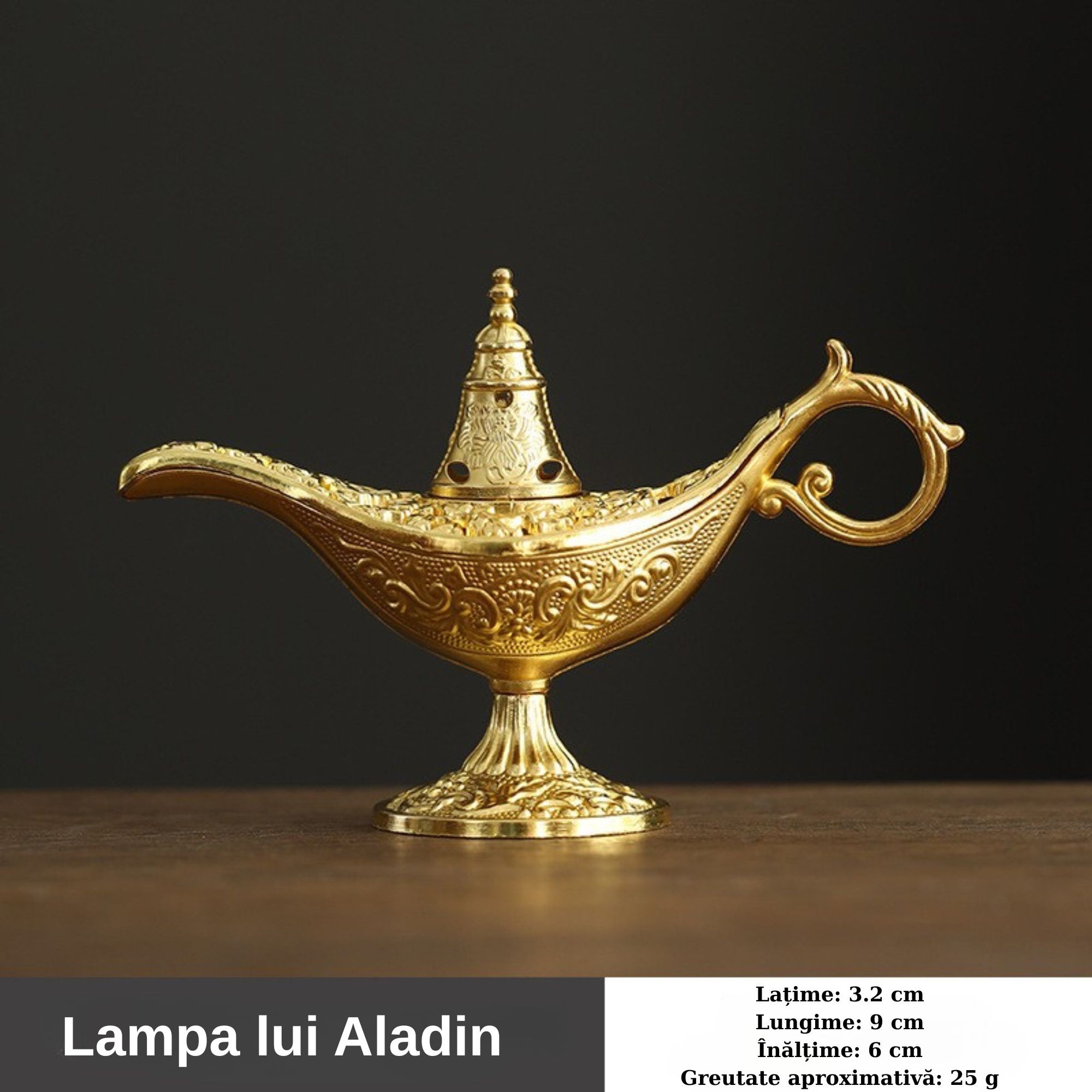 Arzator Tamaie, Flipppy, Model Lampa Aladin, Aliaj, Dimensiune Mica, cu Maner si Capac, Lampa Decorativa Vintage, 3.2 x 9 x 6 cm, Auriu