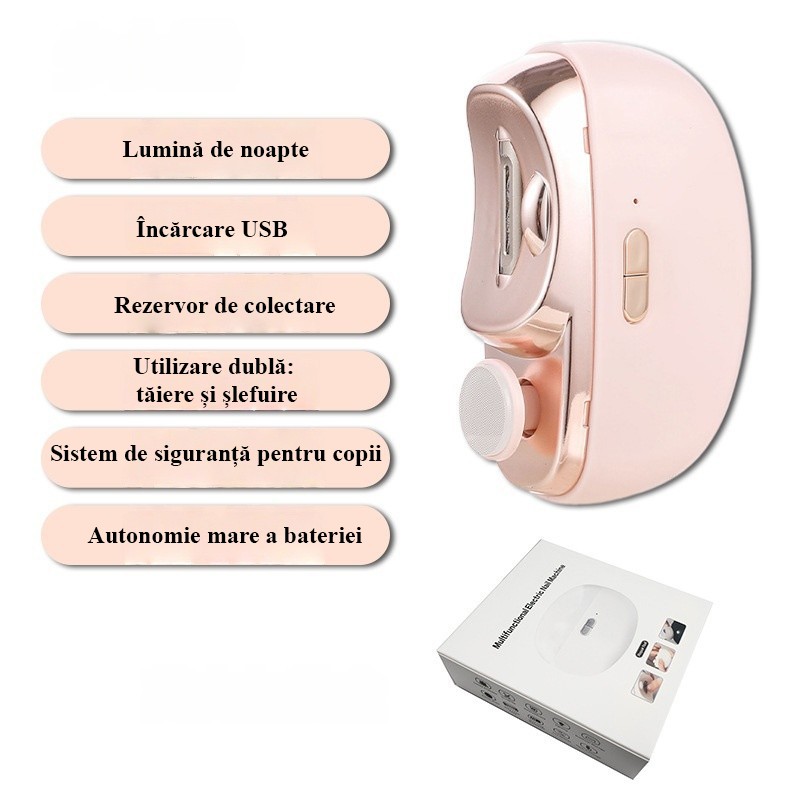 Unghiera Electrica 2 in 1, Flippy, Taiat si Slefuit, 2 Viteze, Lumina LED, Design Ergonomic, Compartiment Resturi, Portabila, Silentioasa 65 db, USB-C, Manichiura, Ideal Pentru Copii si Adulti, 8.5 x 6.8 x 3.3 cm, Roz