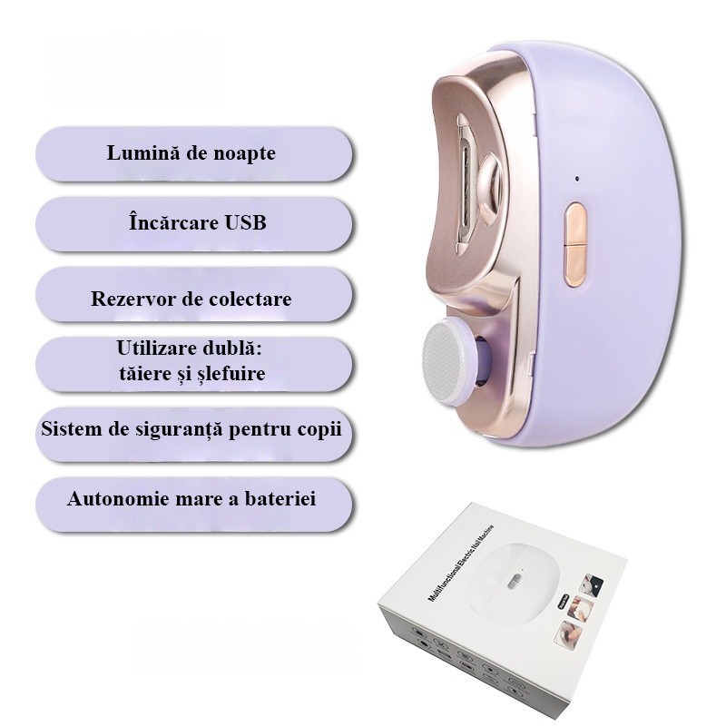 Unghiera Electrica 2 in 1, Flippy, Taiat si Slefuit, 2 Viteze, Lumina LED, Design Ergonomic, Compartiment Resturi, Portabila, Silentioasa 65 db, USB-C, Manichiura, Ideal Pentru Copii si Adulti, 8.5 x 6.8 x 3.3 cm, Violet